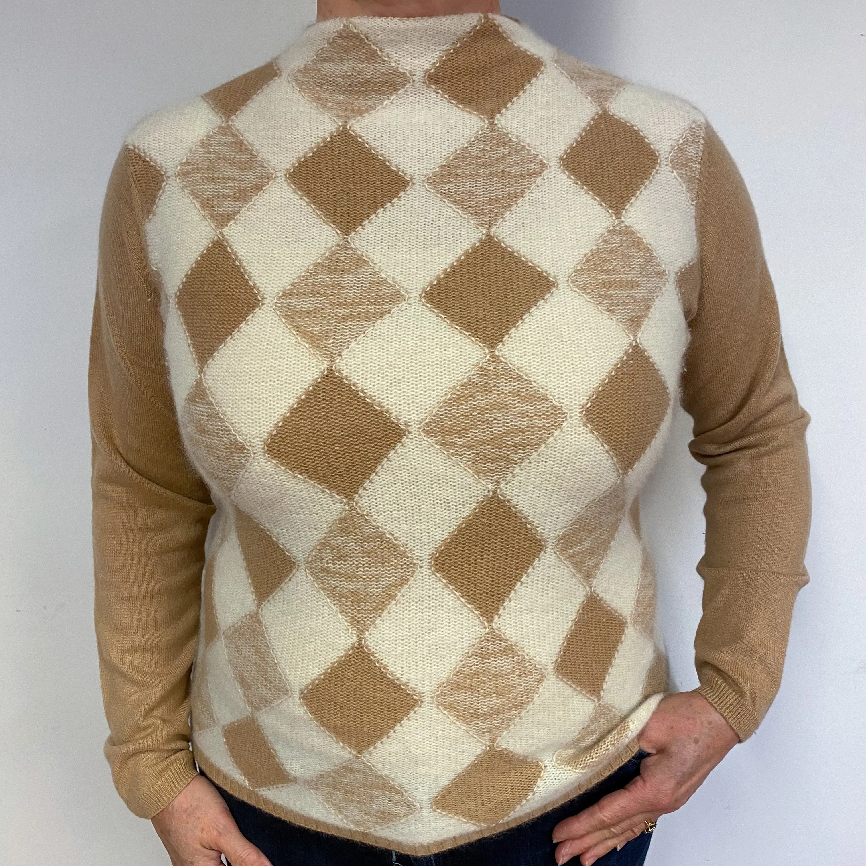 Caramel and Cream Diamond Cashmere Turtle Neck Jumper Large