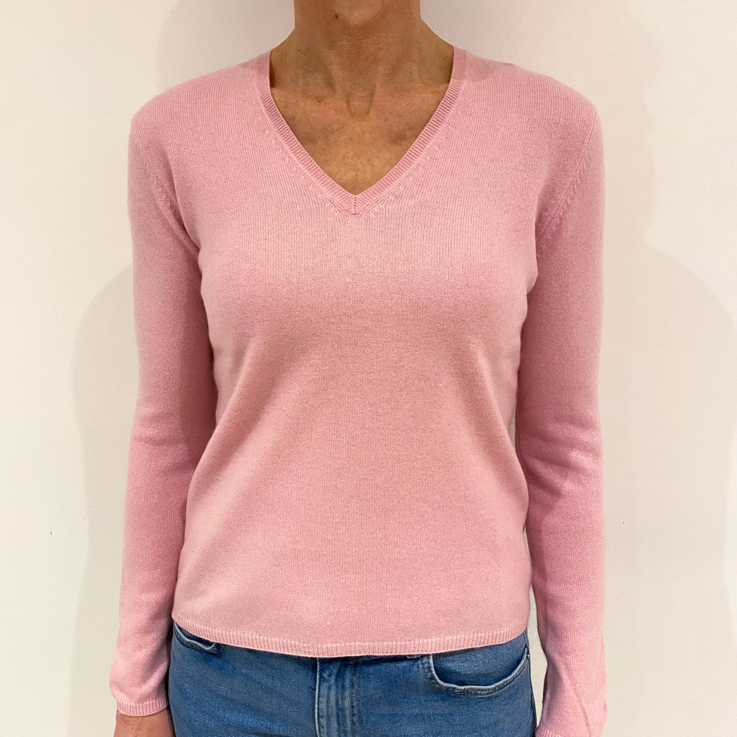 Carnation Pink Cashmere V Neck Jumper Small