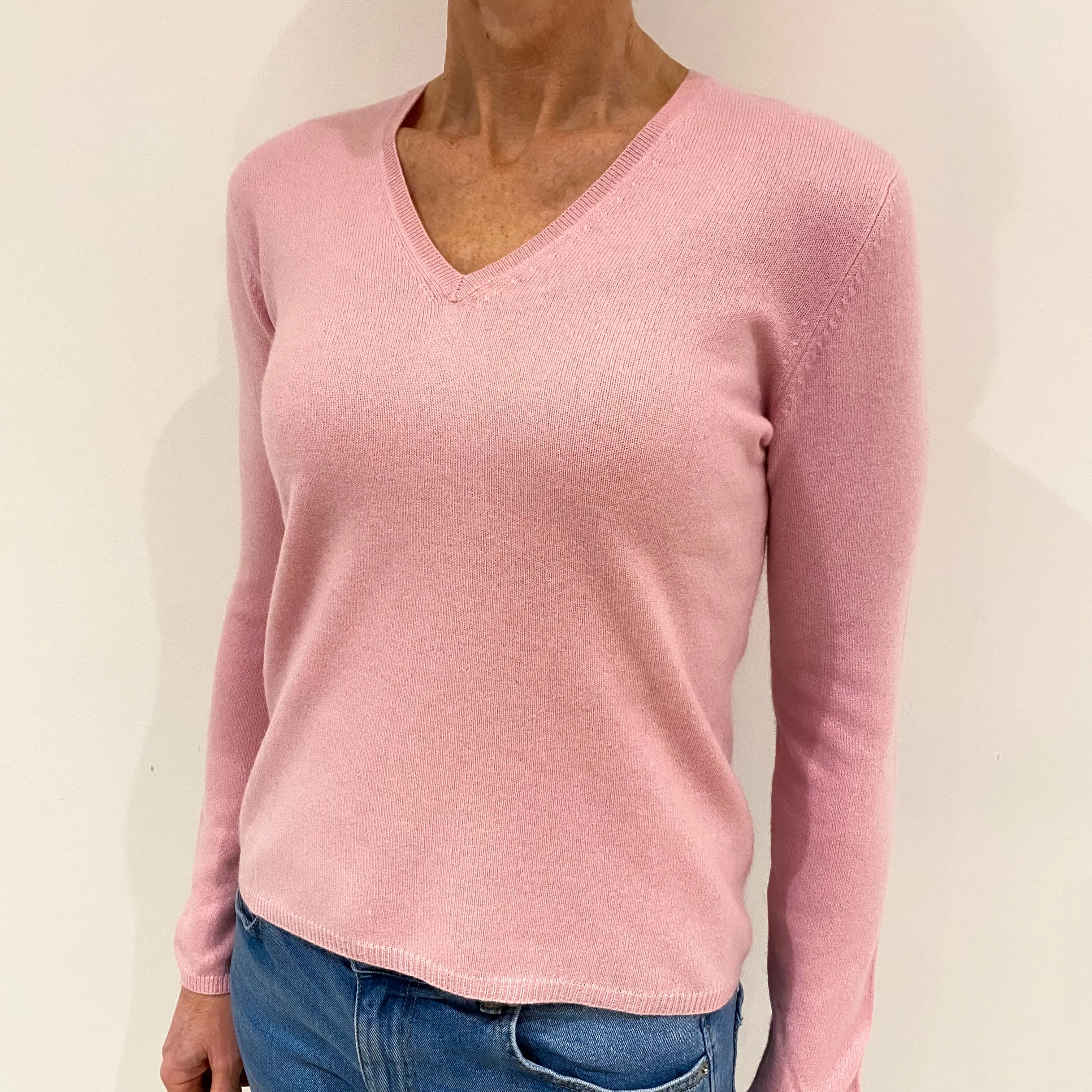 Carnation Pink Cashmere V Neck Jumper Small