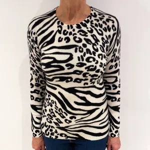 Charcoal and Cream Animal Print Cashmere Crew Neck Jumper Medium