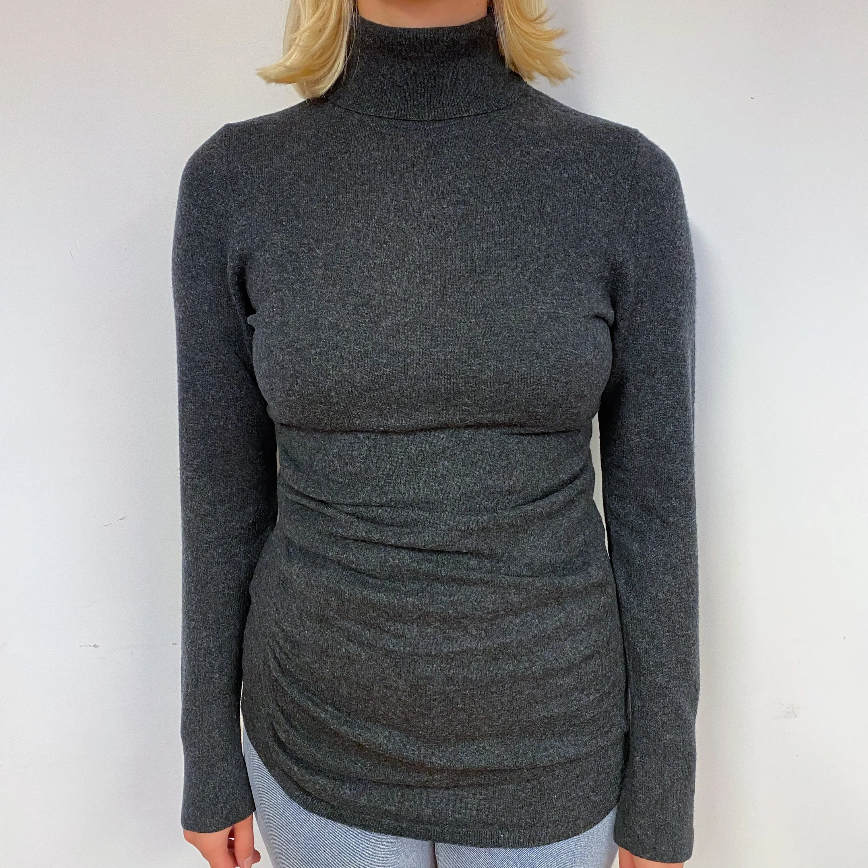 Charcoal Gray Ruched Cashmere Polo Neck Jumper Small