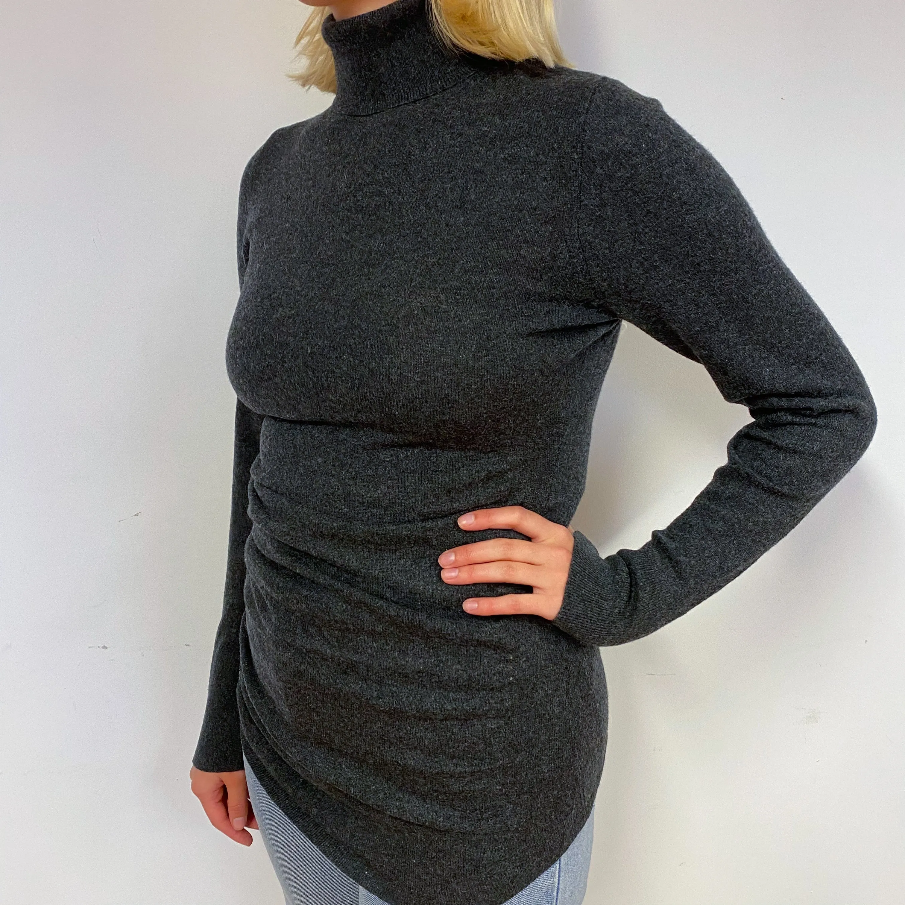 Charcoal Gray Ruched Cashmere Polo Neck Jumper Small