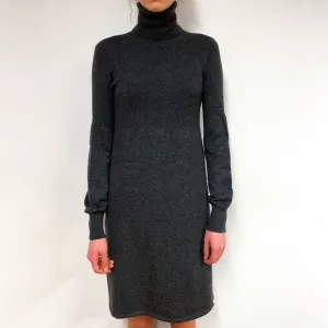 Charcoal Grey Balloon Sleeve Cashmere Polo Neck Dress Extra Small