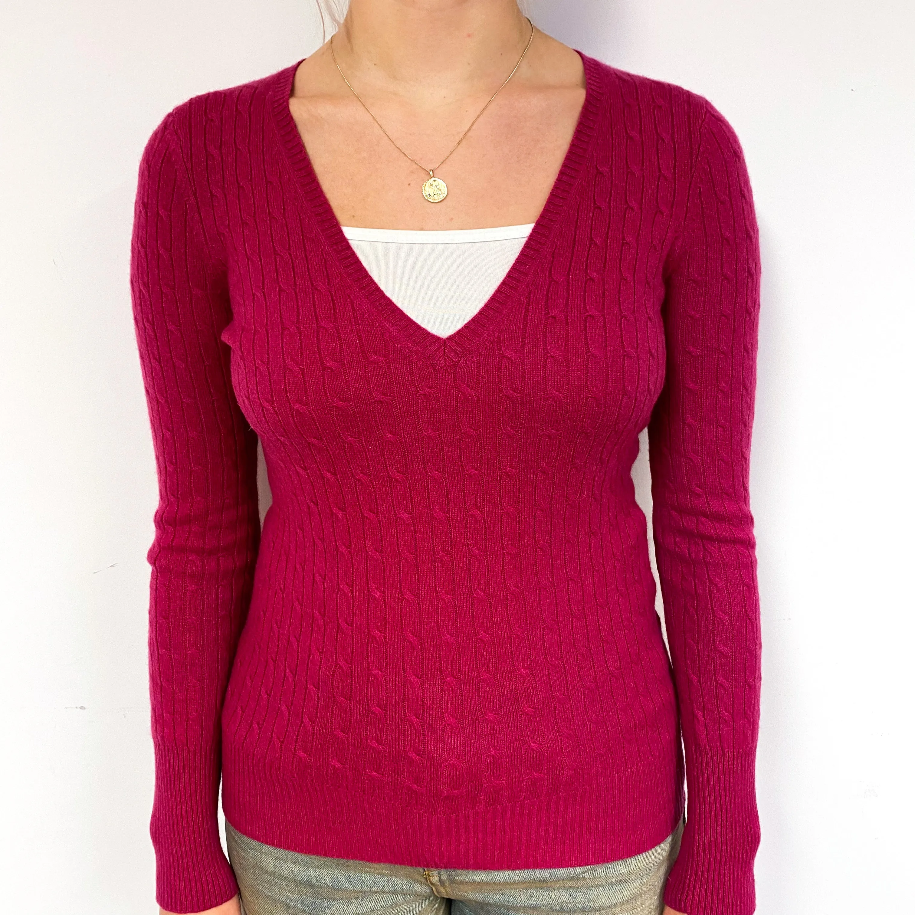 Cherry Pink Cable Cashmere V-Neck Jumper Small