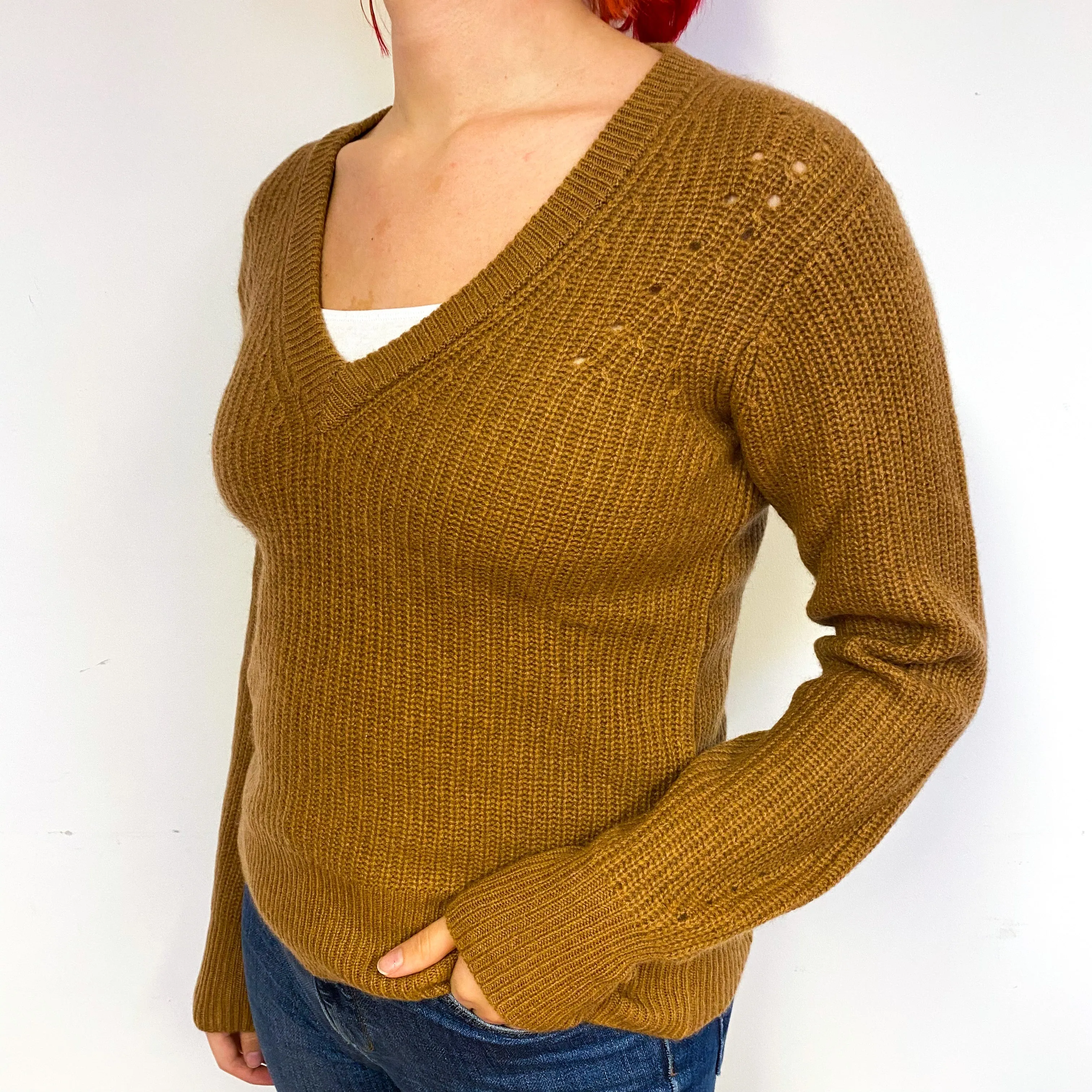 Chestnut Brown Chunky Cashmere V-Neck Jumper Small