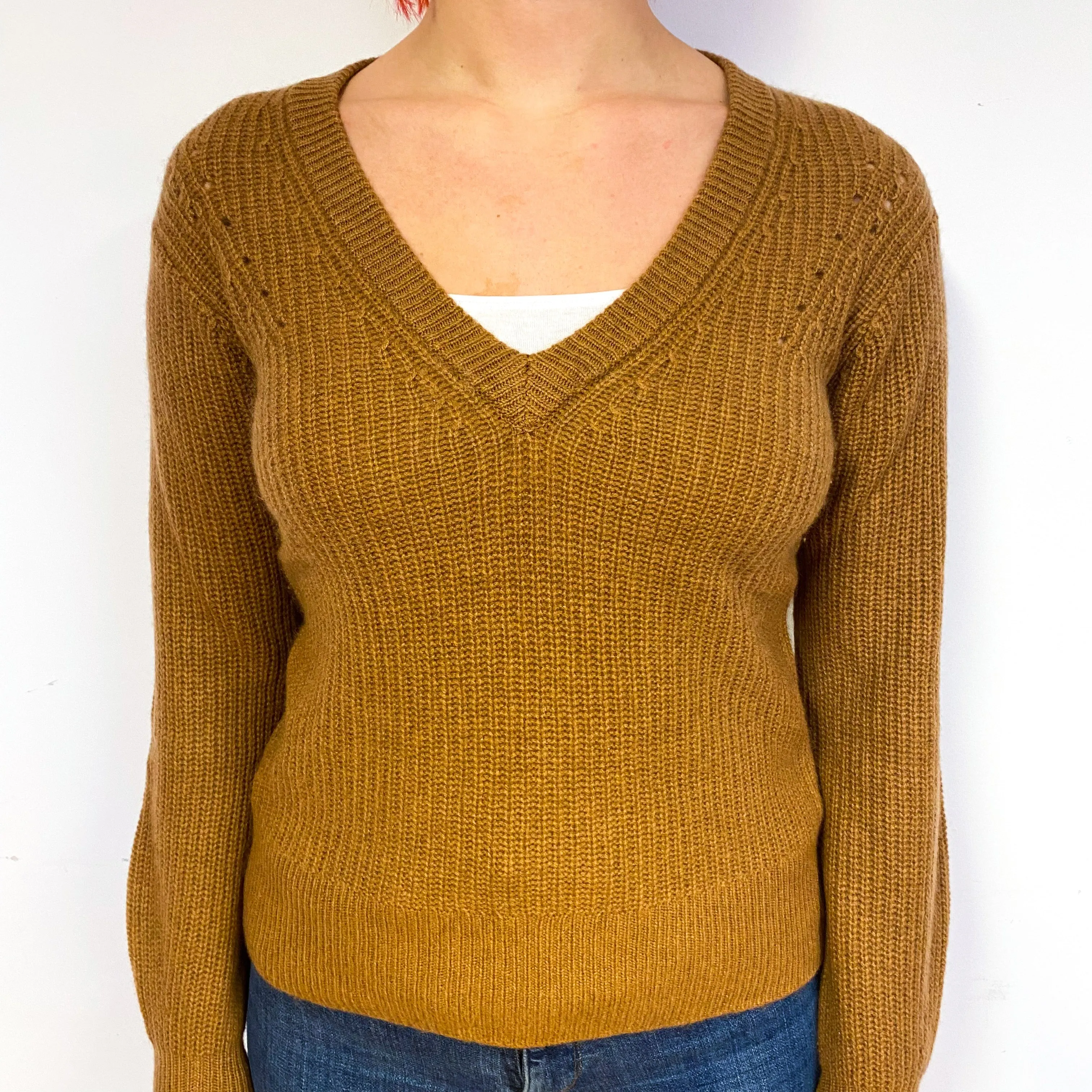 Chestnut Brown Chunky Cashmere V-Neck Jumper Small