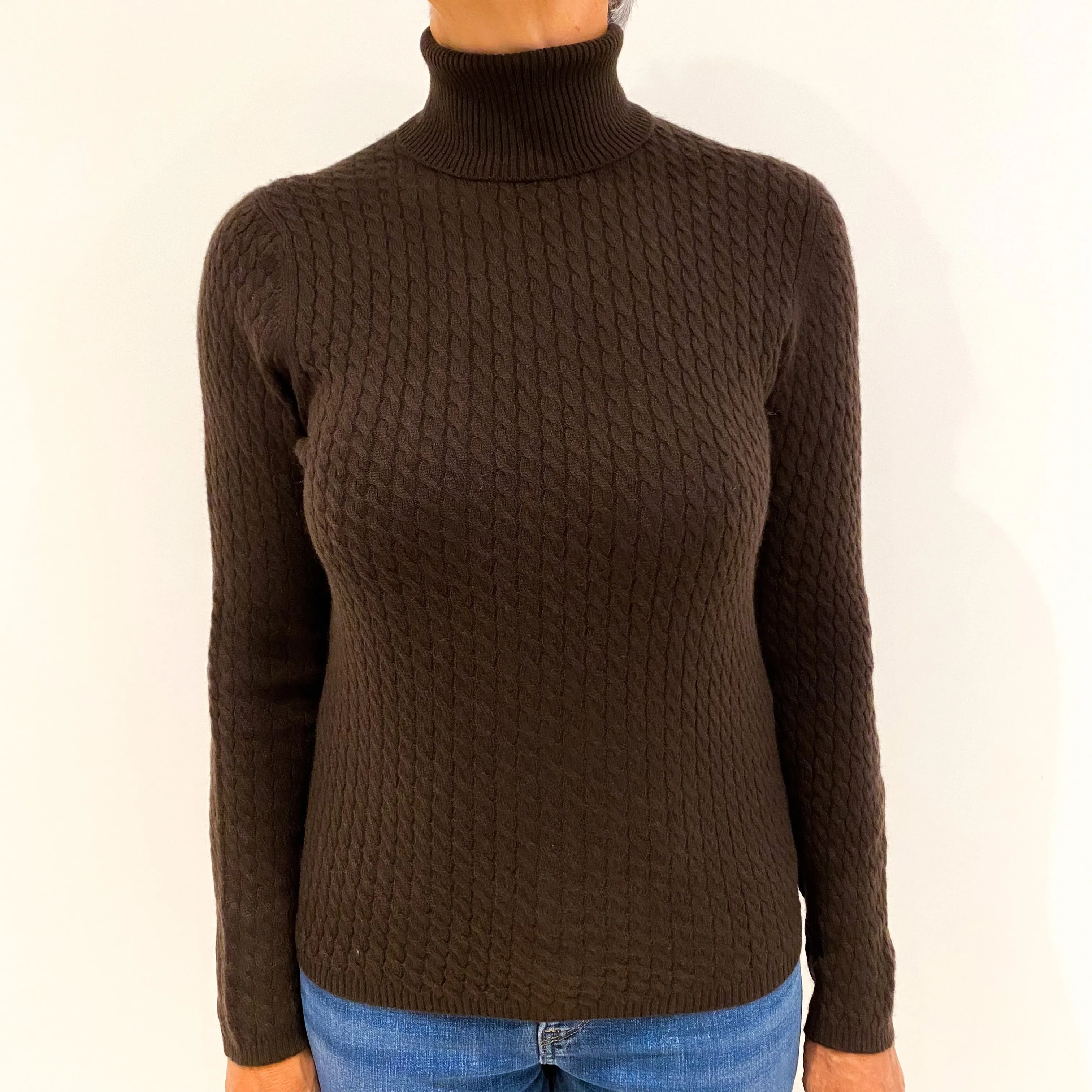 Chocolate Brown Cable Cashmere Polo Neck Jumper Medium