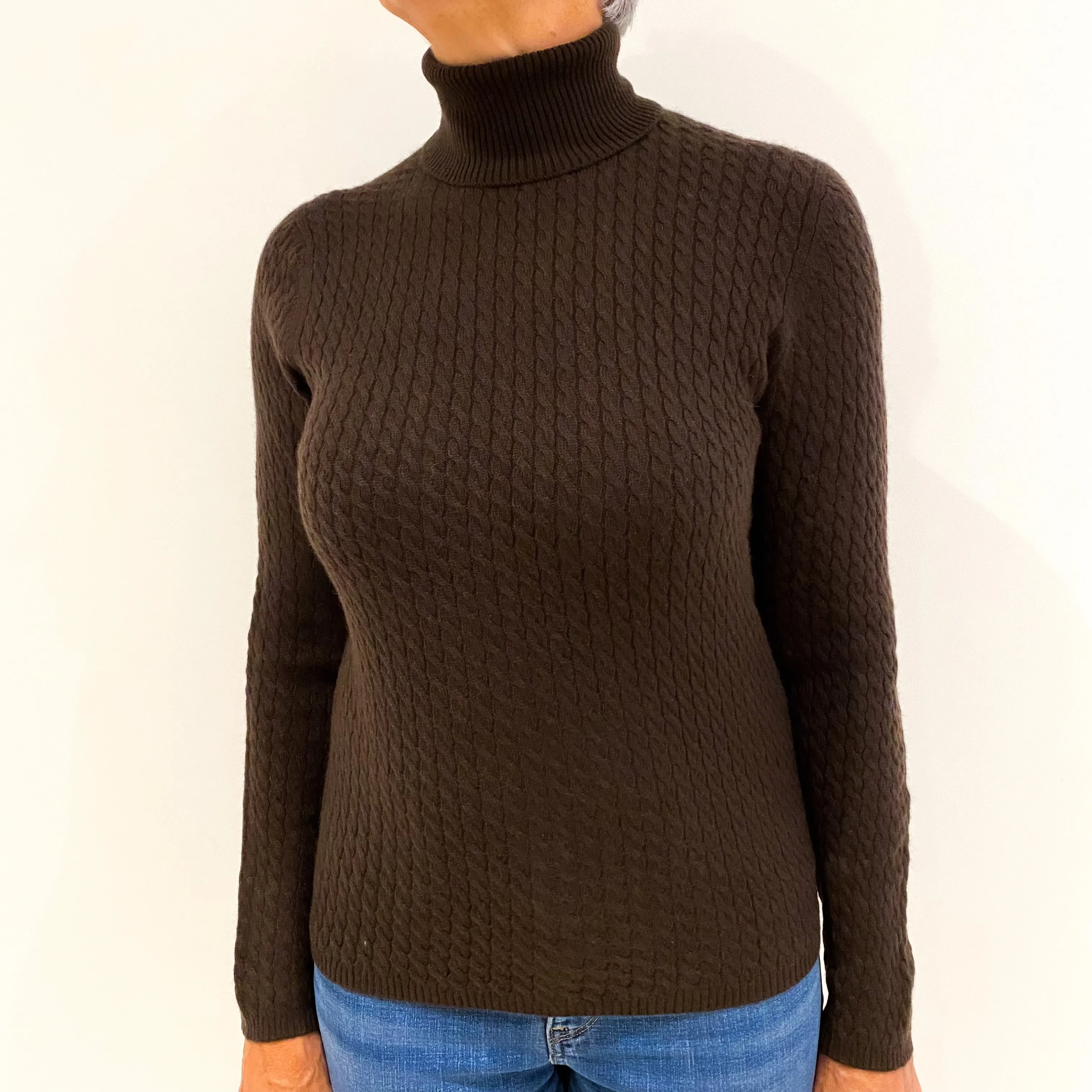 Chocolate Brown Cable Cashmere Polo Neck Jumper Medium