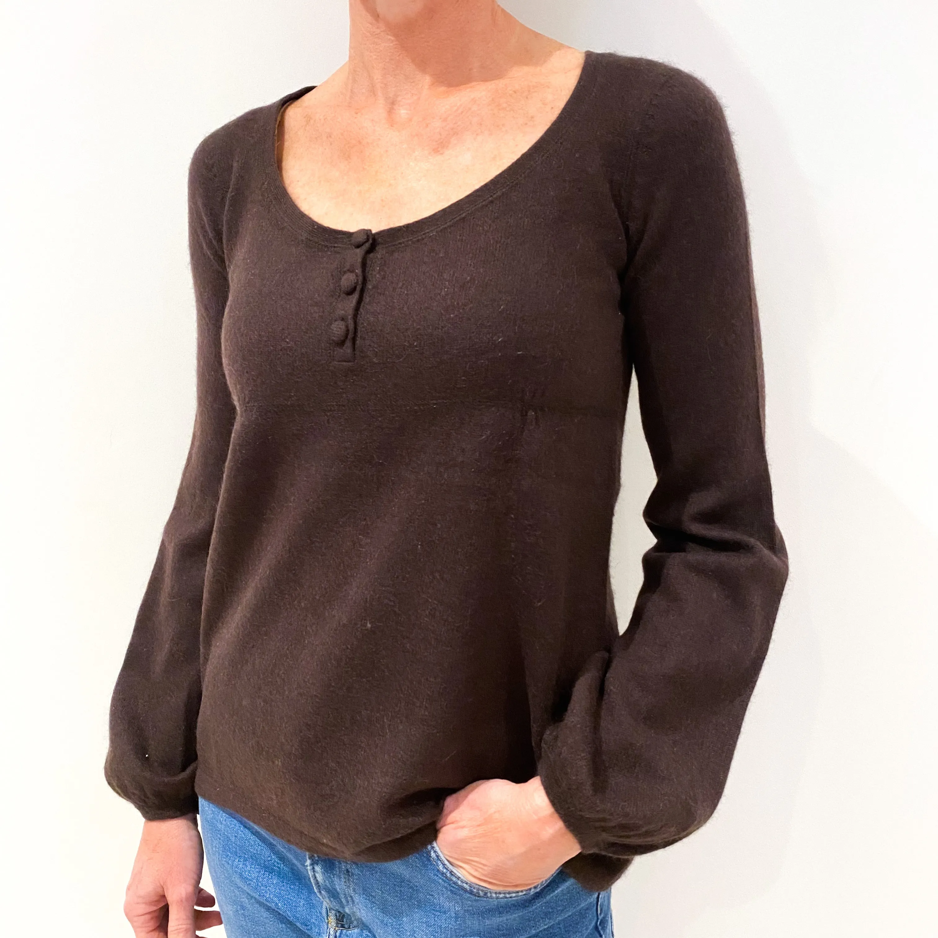 Chocolate Brown Cashmere Buttoned Scoop Neck Jumper Small