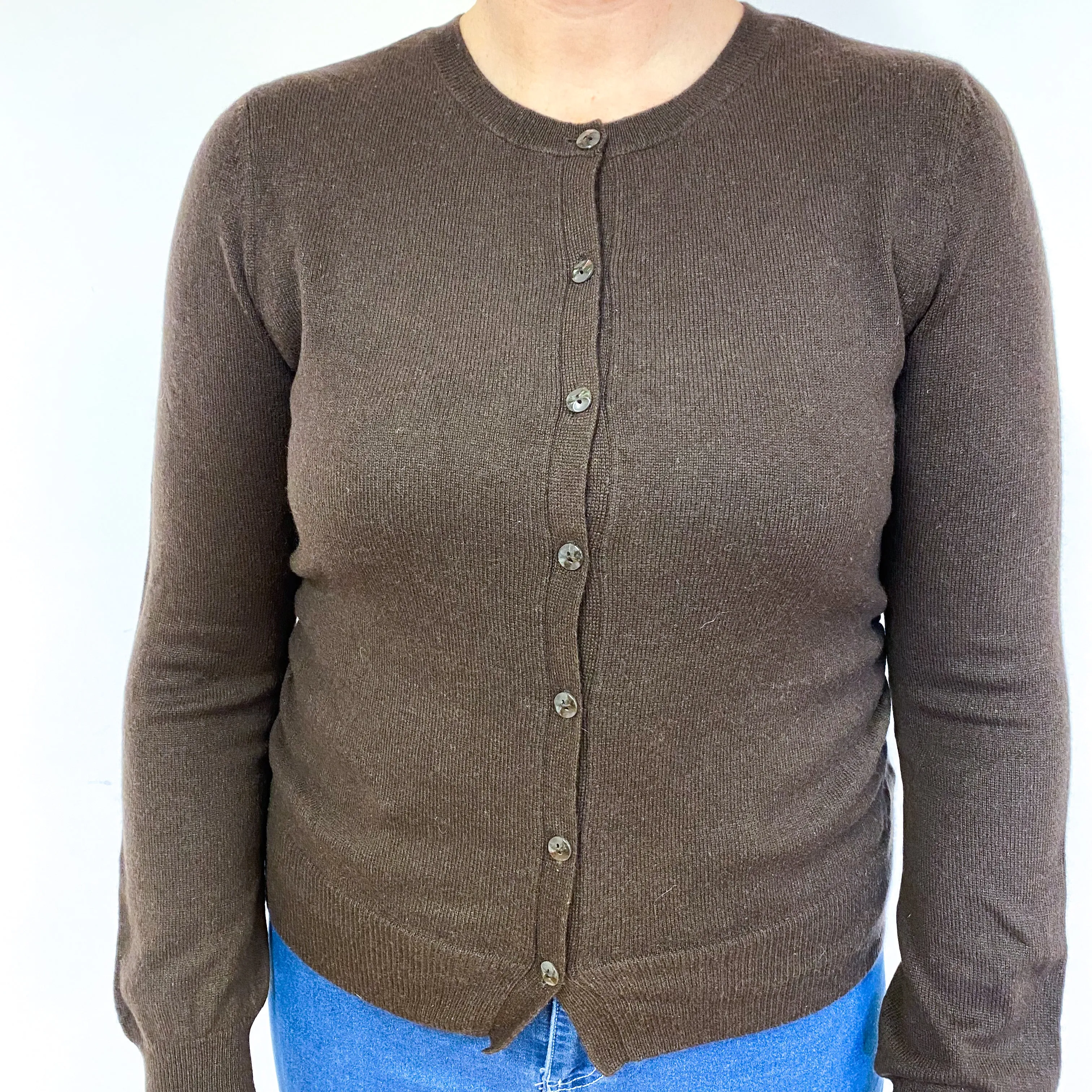 Chocolate Brown Ruched Cashmere Crew Neck Cardigan Large