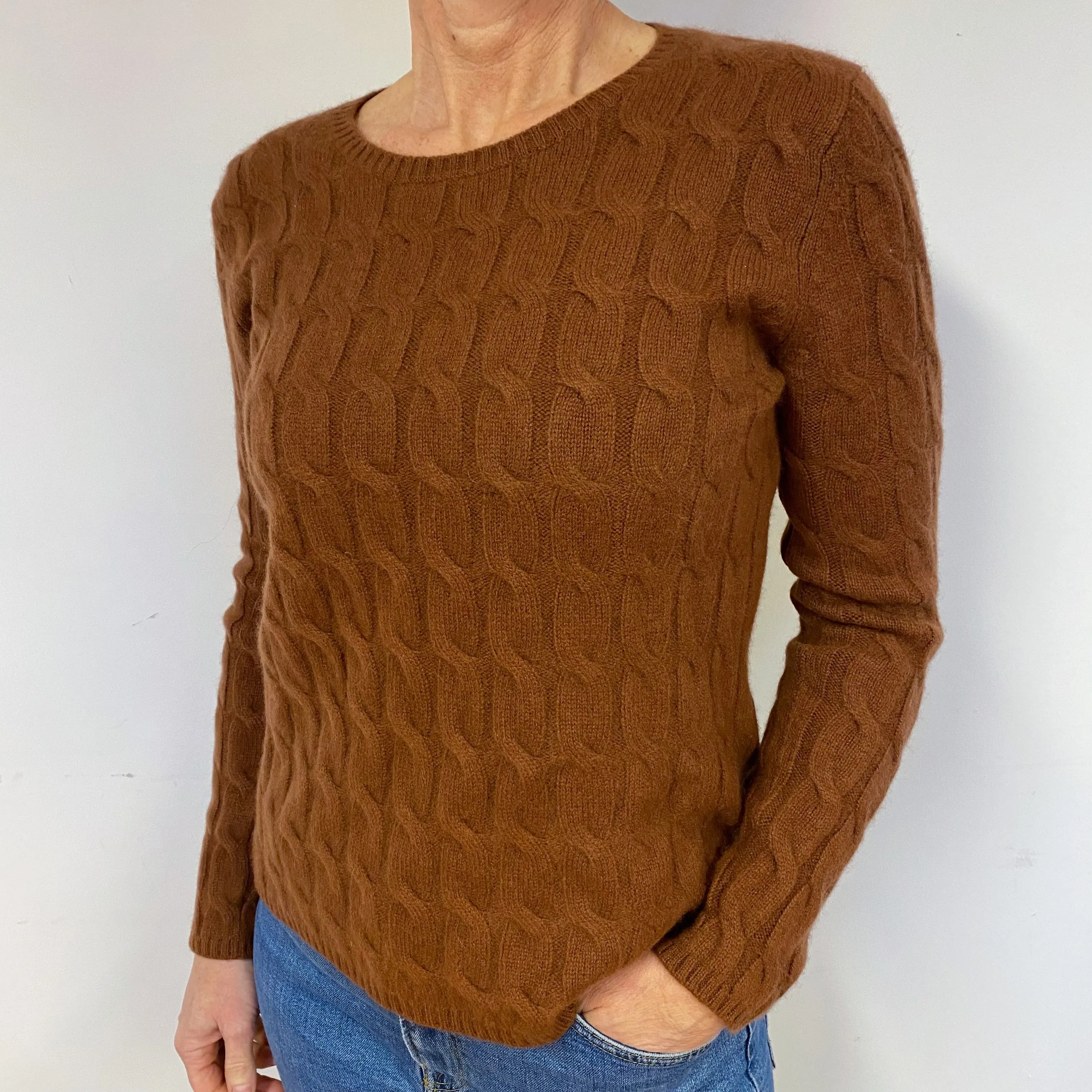 Chunky Gingerbread Brown Cable Cashmere Crew Neck Jumper Medium