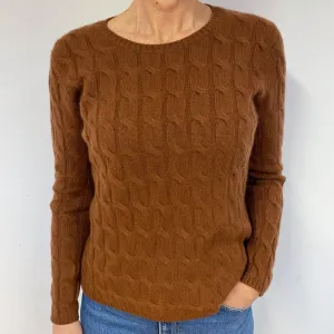 Chunky Gingerbread Brown Cable Cashmere Crew Neck Jumper Medium