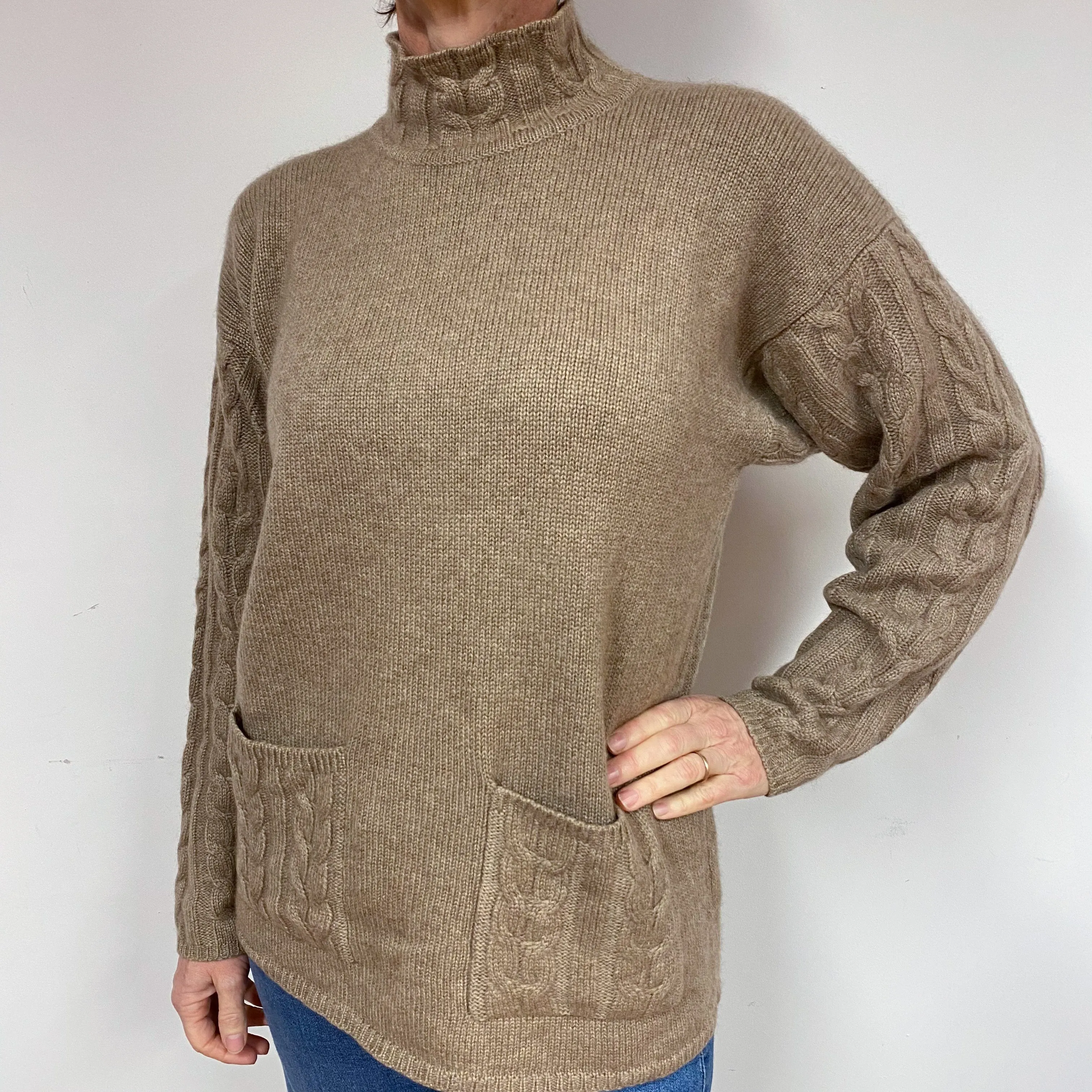 Chunky Taupe Brown Cashmere Turtle Neck Jumper Medium