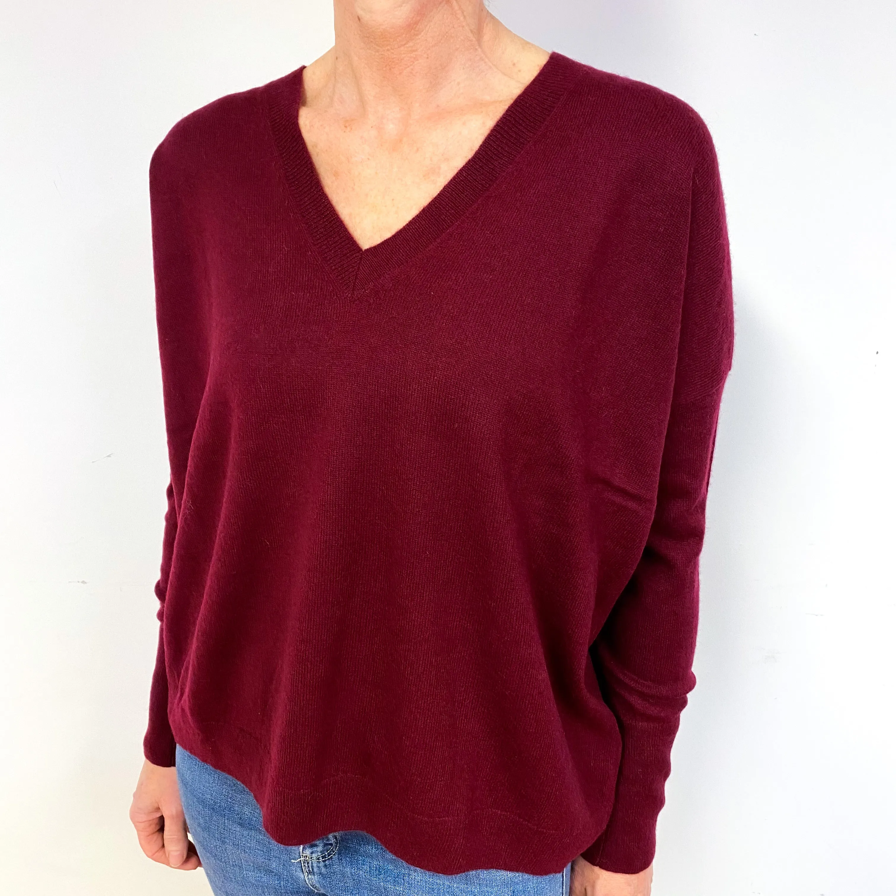 Claret Cashmere V-Neck Jumper Medium