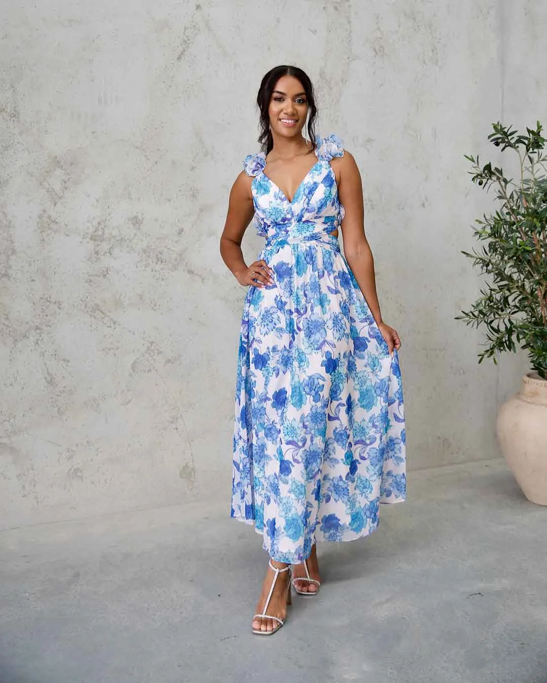 Cleo Chiffon Maxi Dress - Blue Floral