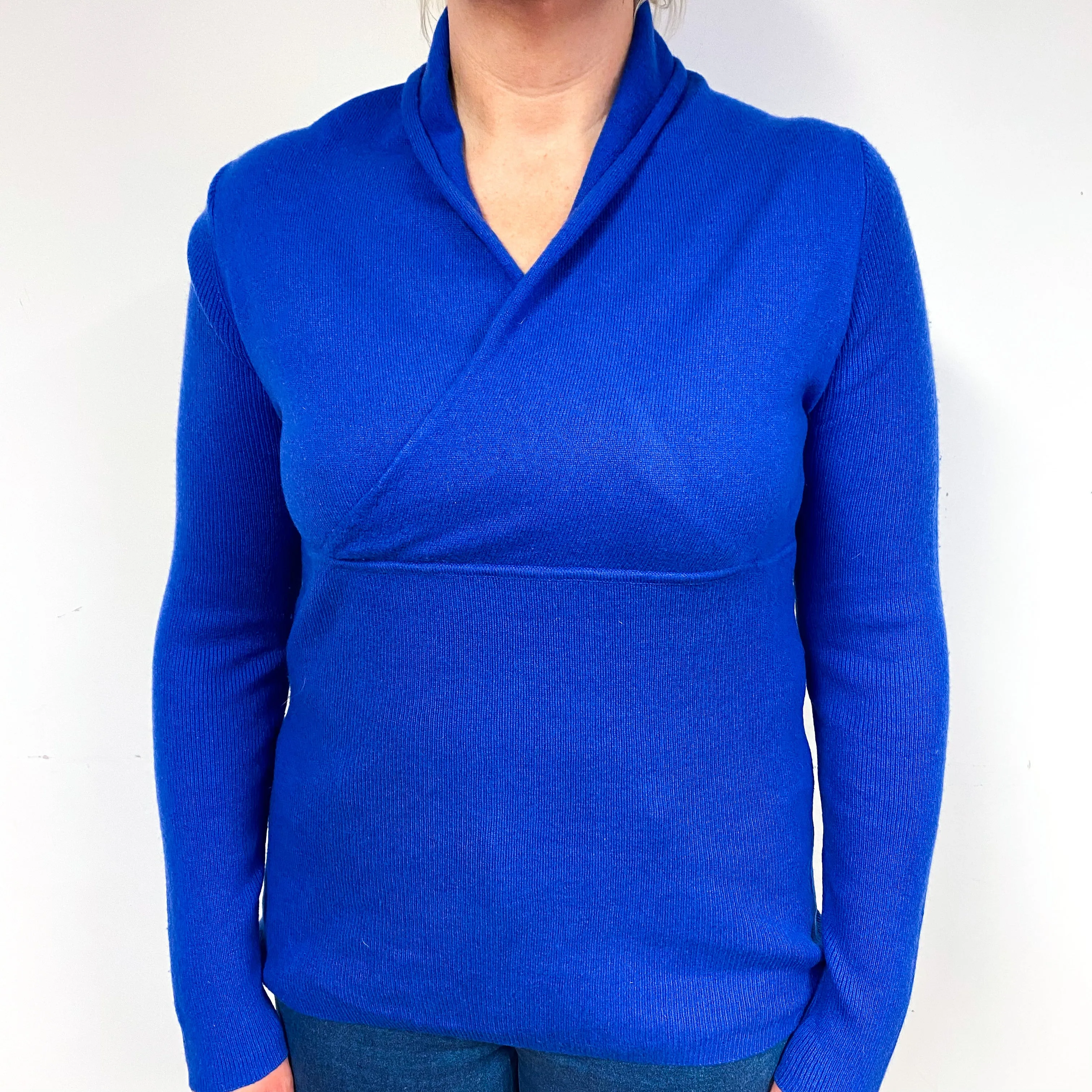 Cobalt Blue Shawl Collar Cashmere V-Neck Jumper Large