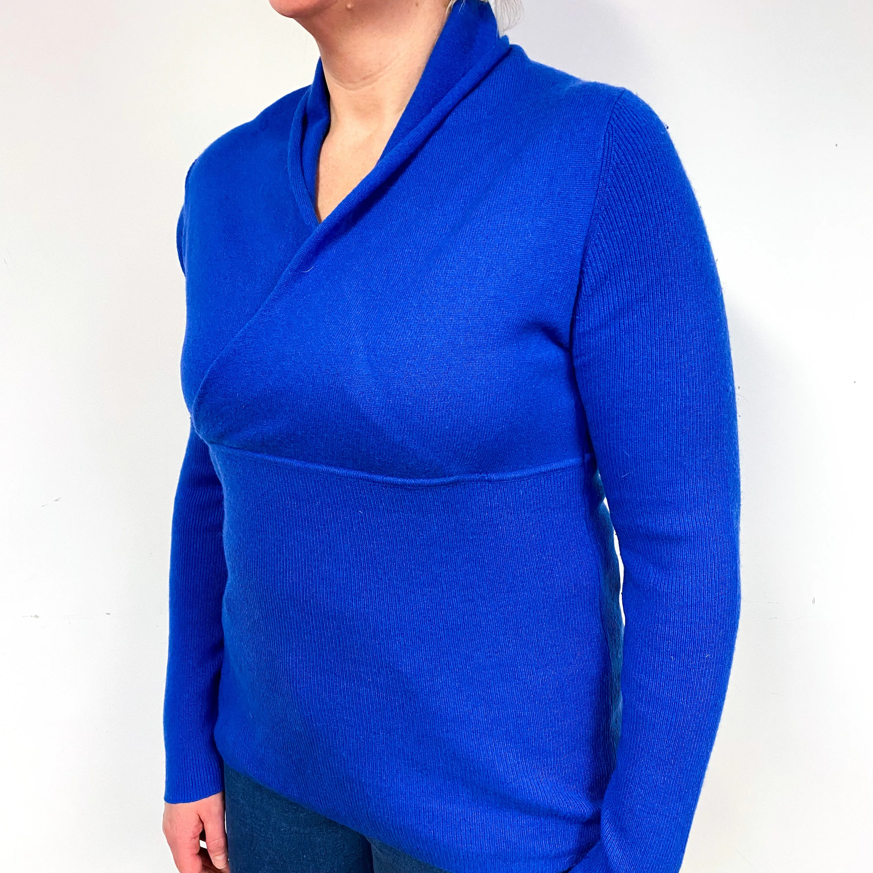 Cobalt Blue Shawl Collar Cashmere V-Neck Jumper Large