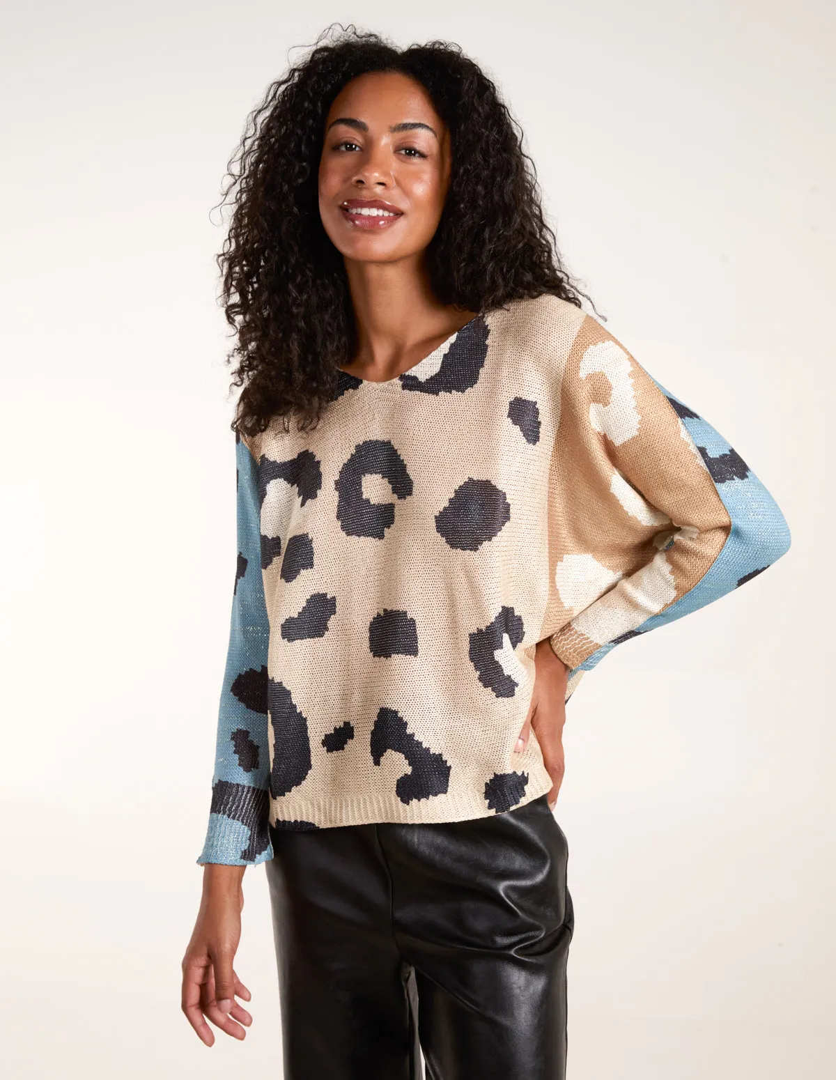 Colour Block Leopard Fine Knit Jumper