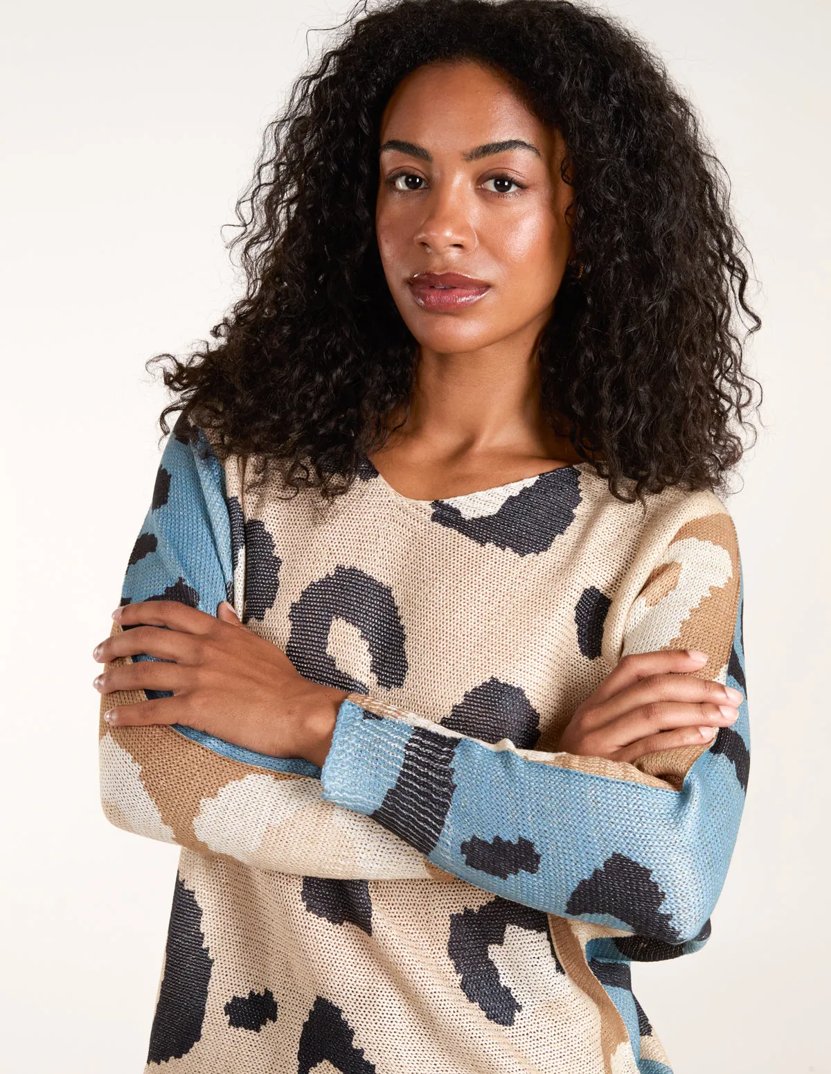 Colour Block Leopard Fine Knit Jumper