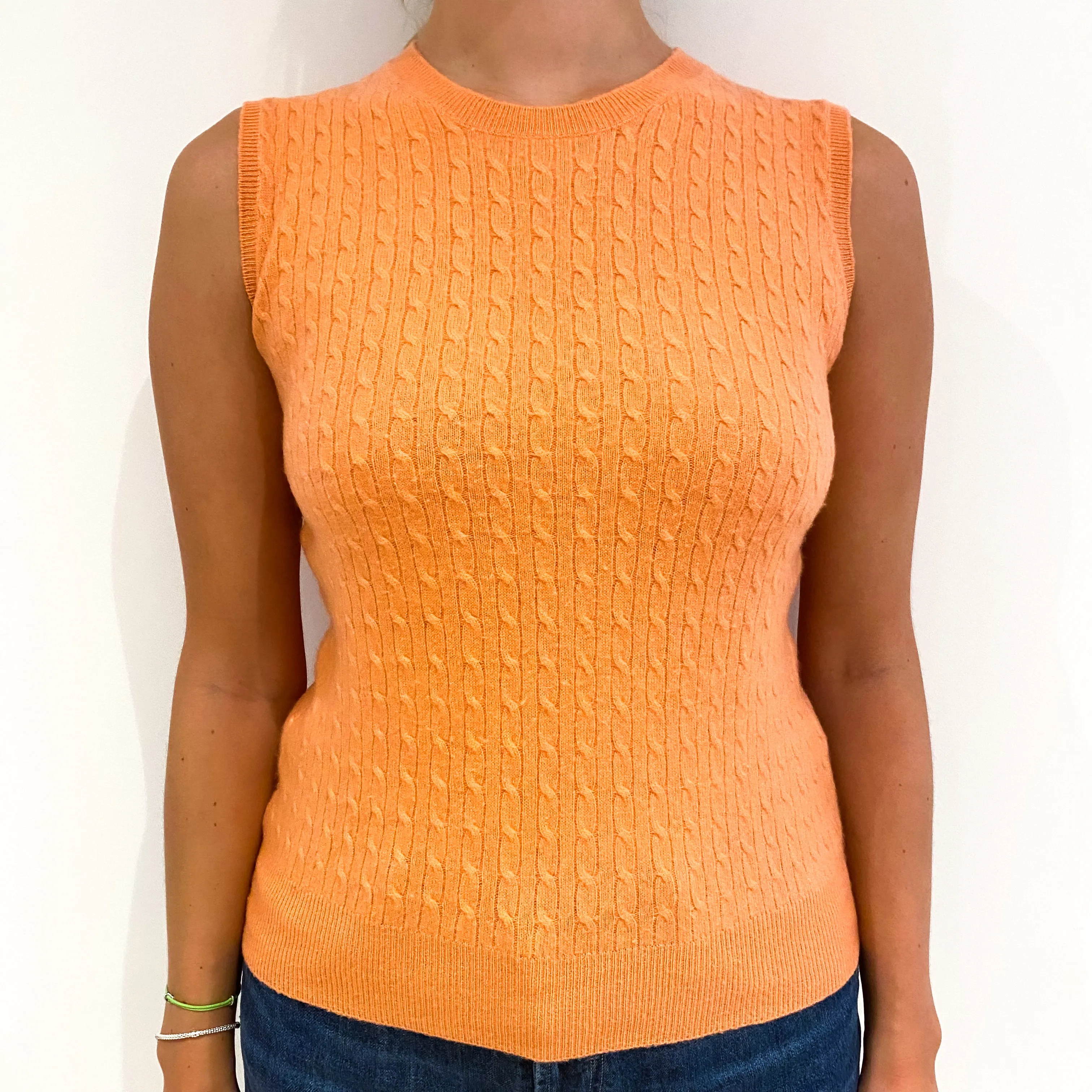 Coral Orange Cable Knit Cashmere Tank Top Small