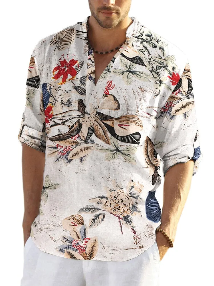 Cotton Linen Floral Henley Shirt (US Only)