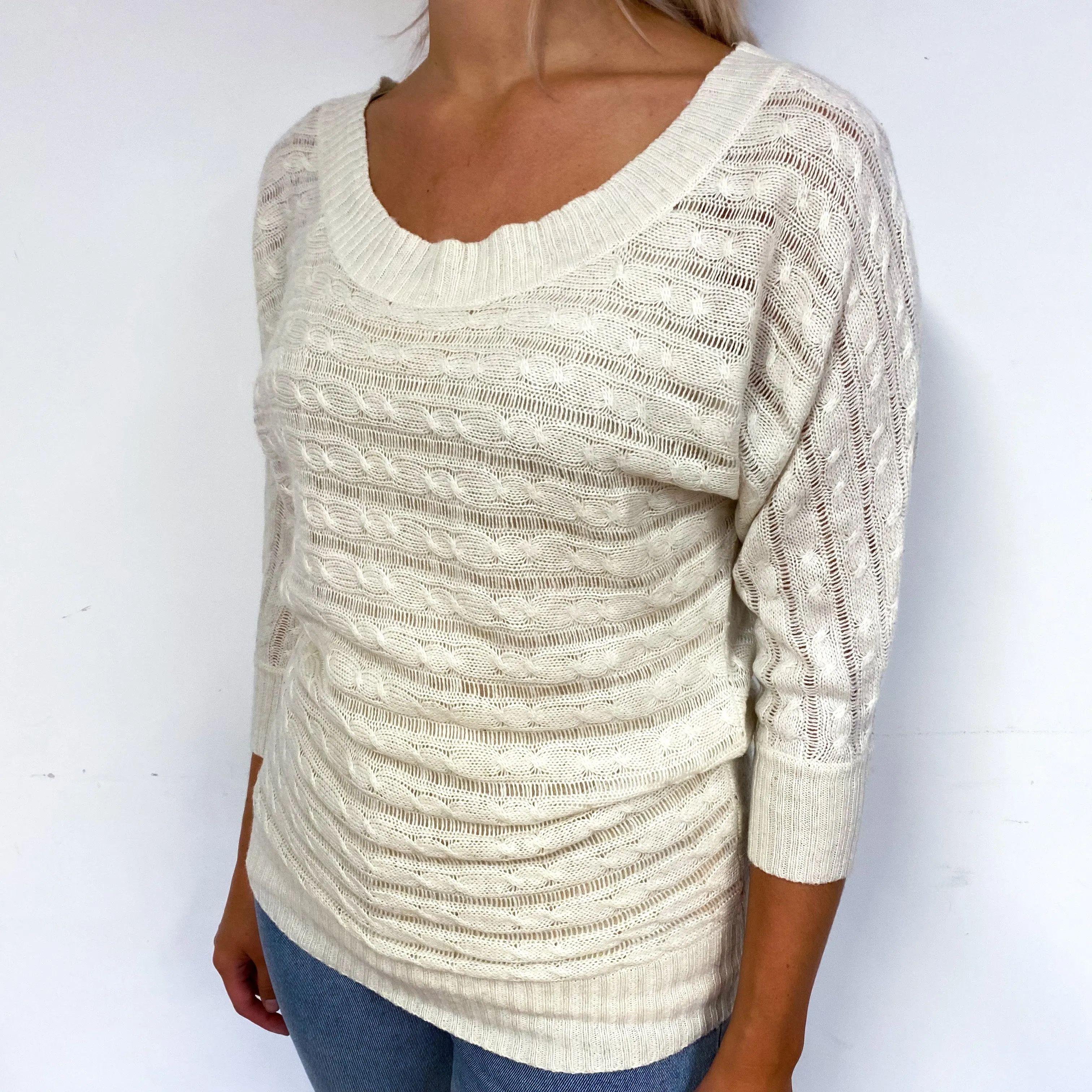 Cream Loose Cable Knit Batwing Cashmere Crew Neck Jumper Small