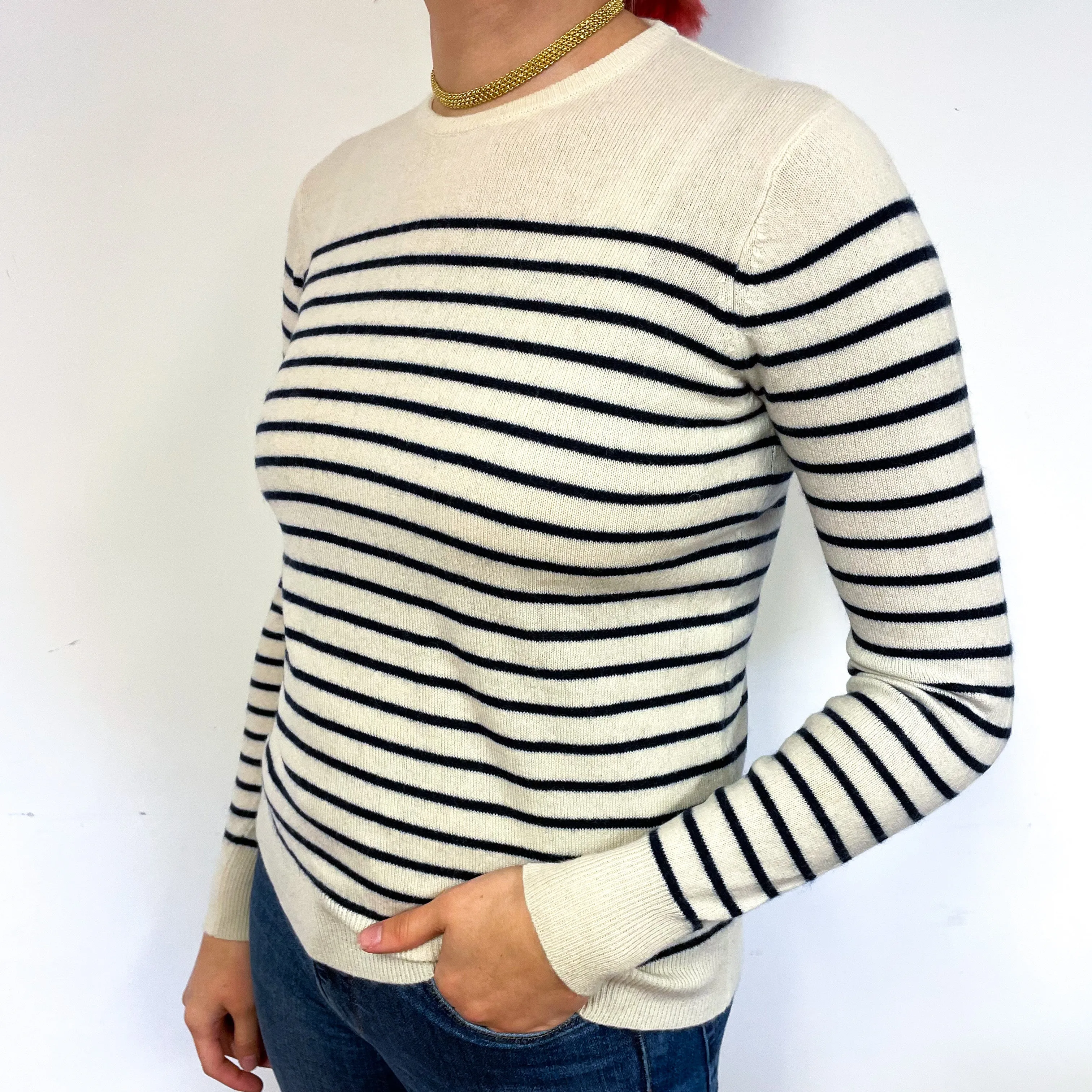 Cream Navy Stripe Cashmere Crew Neck Jumper Small