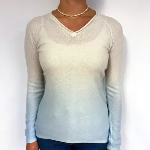 Cream Pale Blue Ombré Cashmere V-Neck Jumper Small