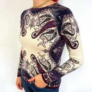 Cream Purple Paisley Cashmere Crew Neck Jumper Small