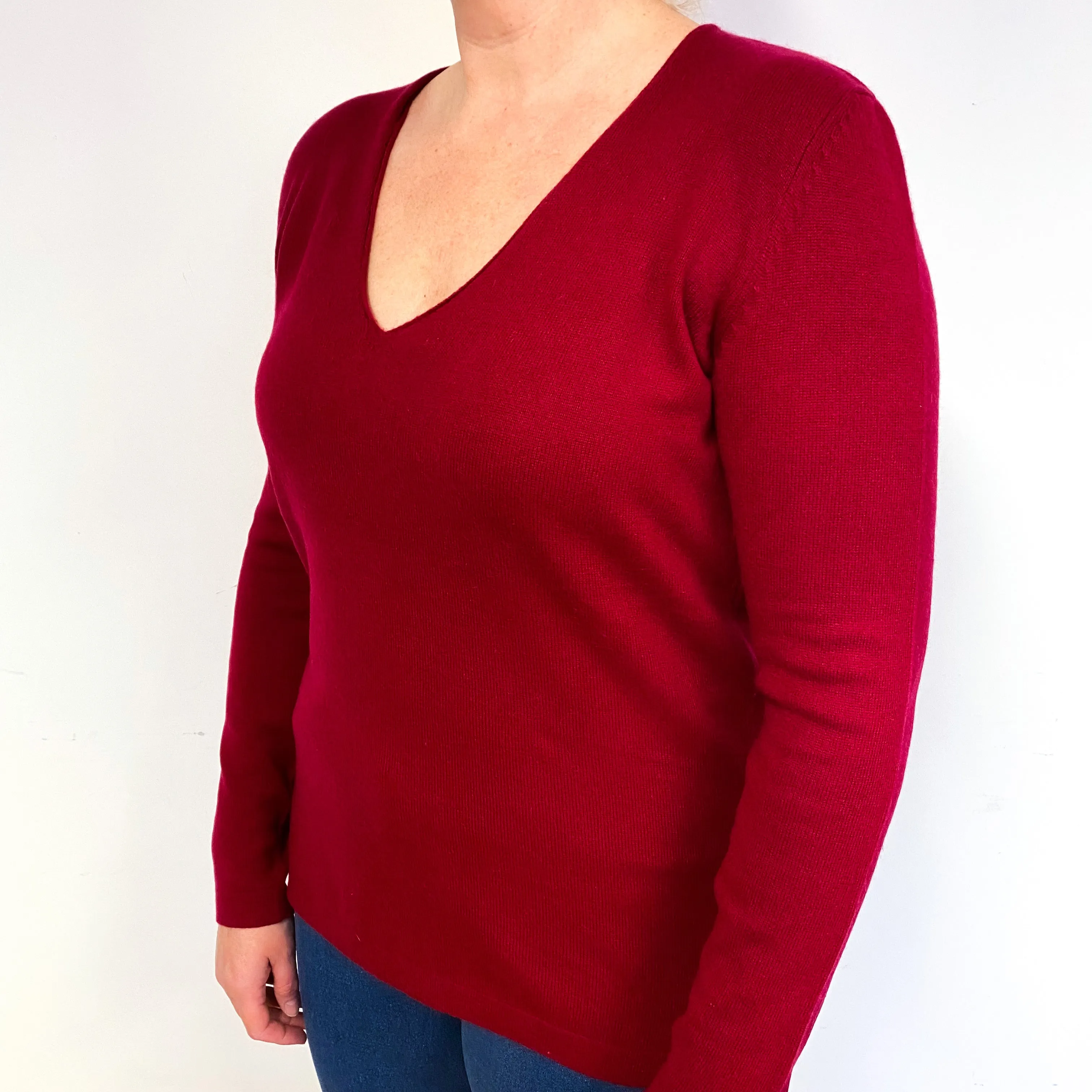 Crimson Red Cashmere Low V-Neck Jumper Large