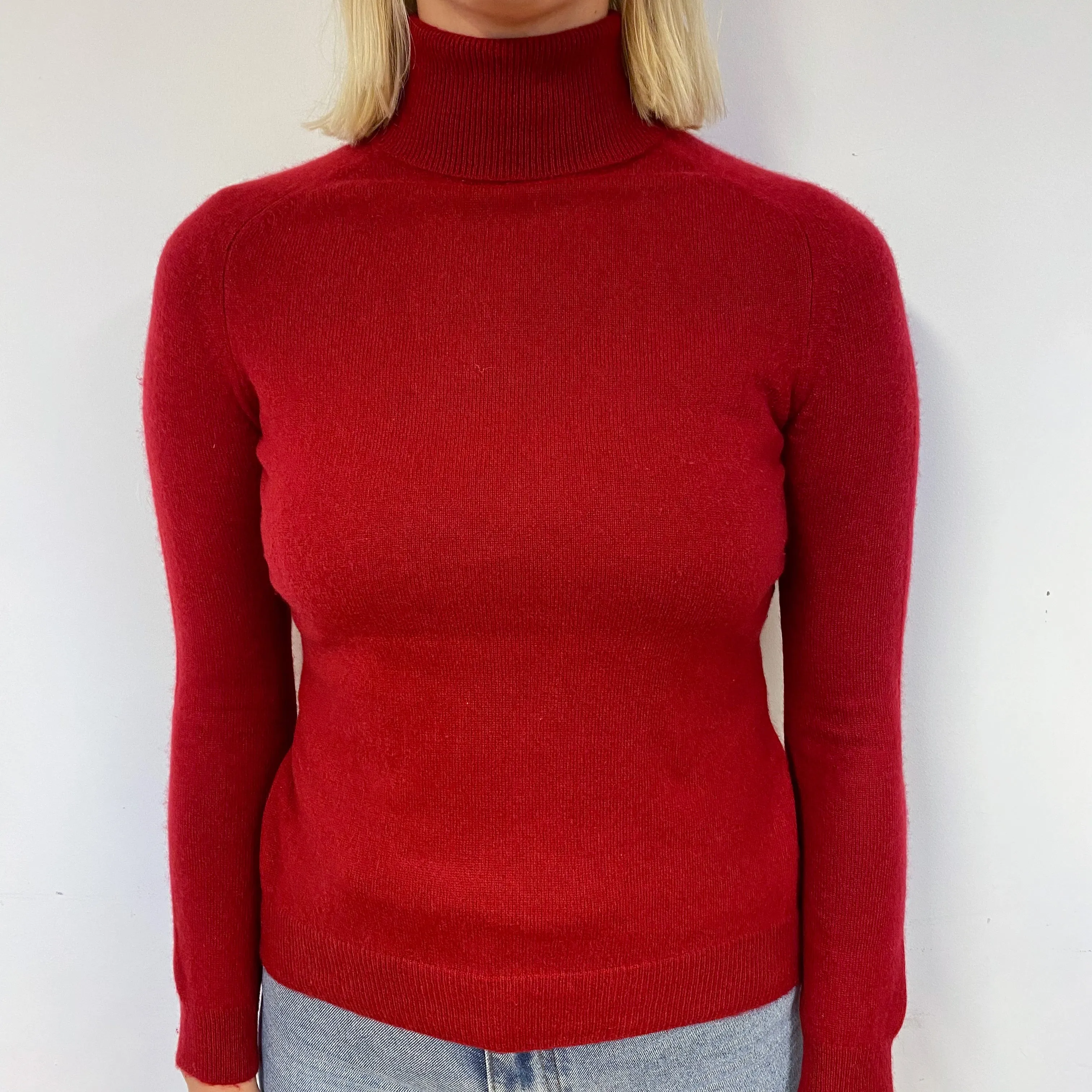 Crimson Red Cashmere Polo Neck Jumper Small