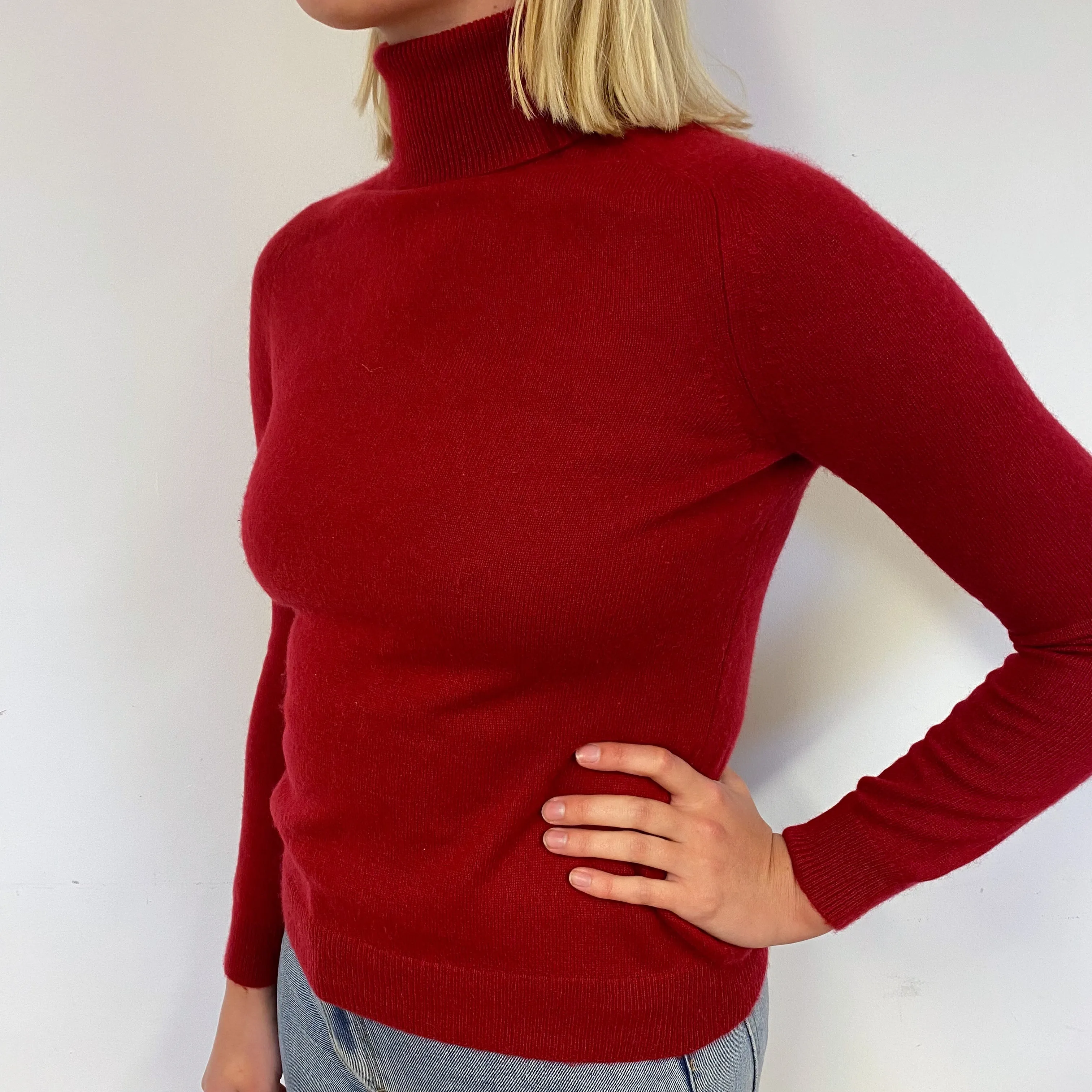 Crimson Red Cashmere Polo Neck Jumper Small