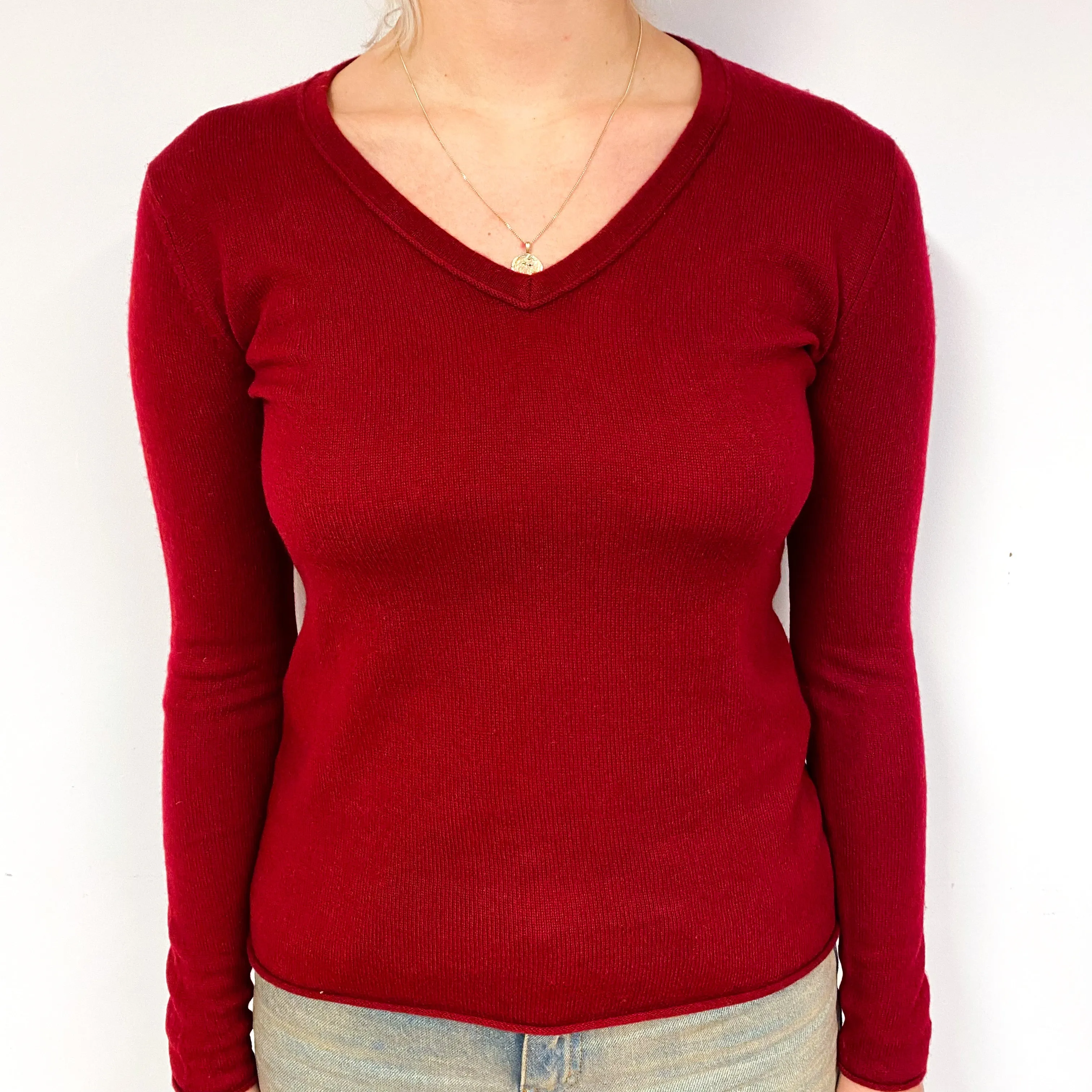 Crimson Red Cashmere V-Neck Jumper Small