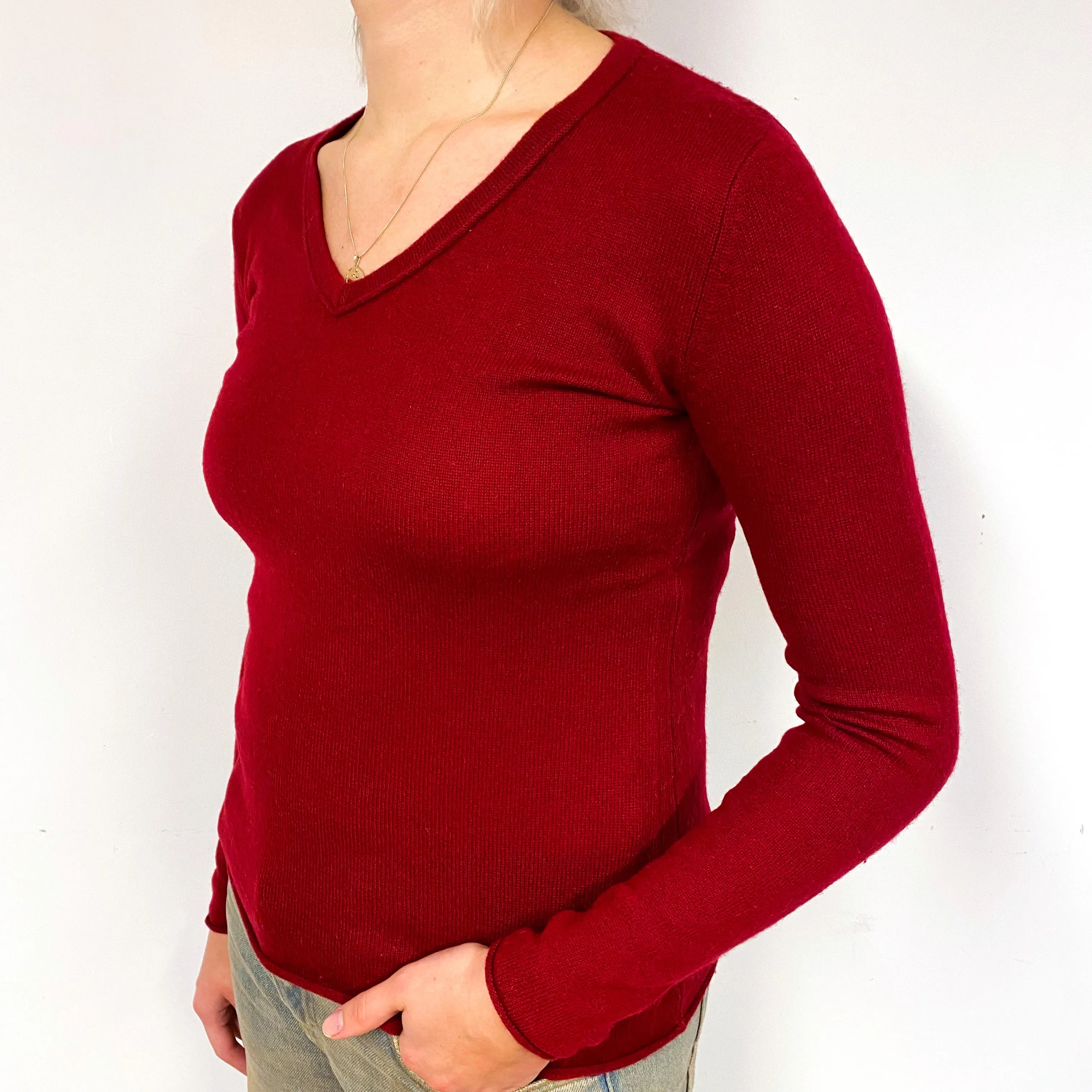 Crimson Red Cashmere V-Neck Jumper Small