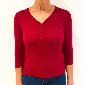 Crimson Red Quarter Button Cashmere V-Neck Jumper Medium