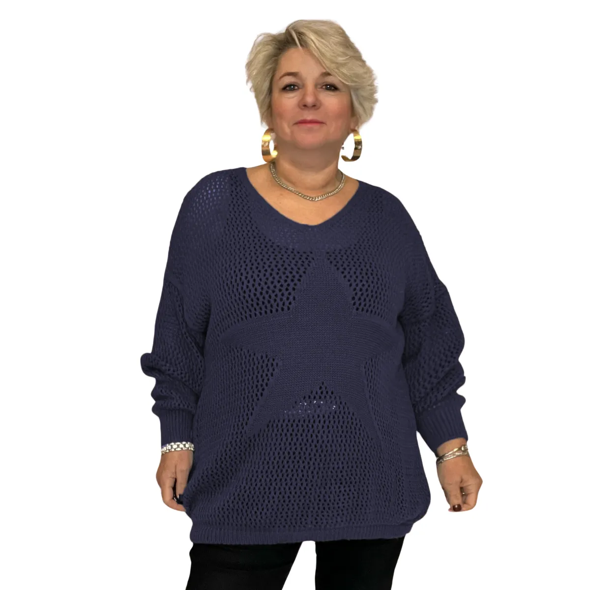 CROCHETED KNITTED V NECK STAR FRONT LONG SLEEVE JUMPER