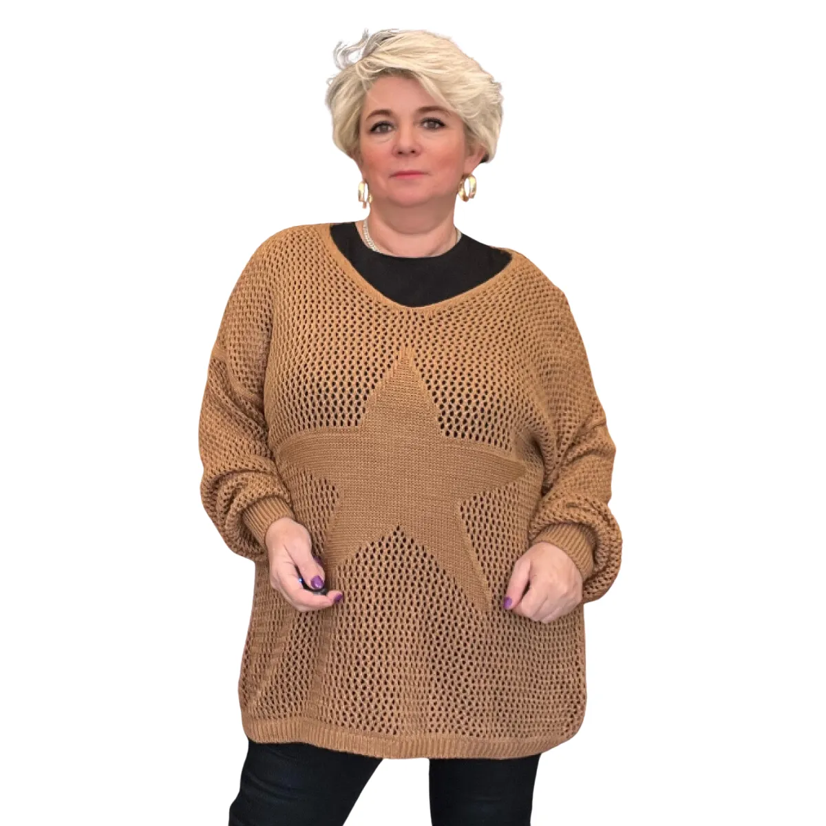 CROCHETED KNITTED V NECK STAR FRONT LONG SLEEVE JUMPER