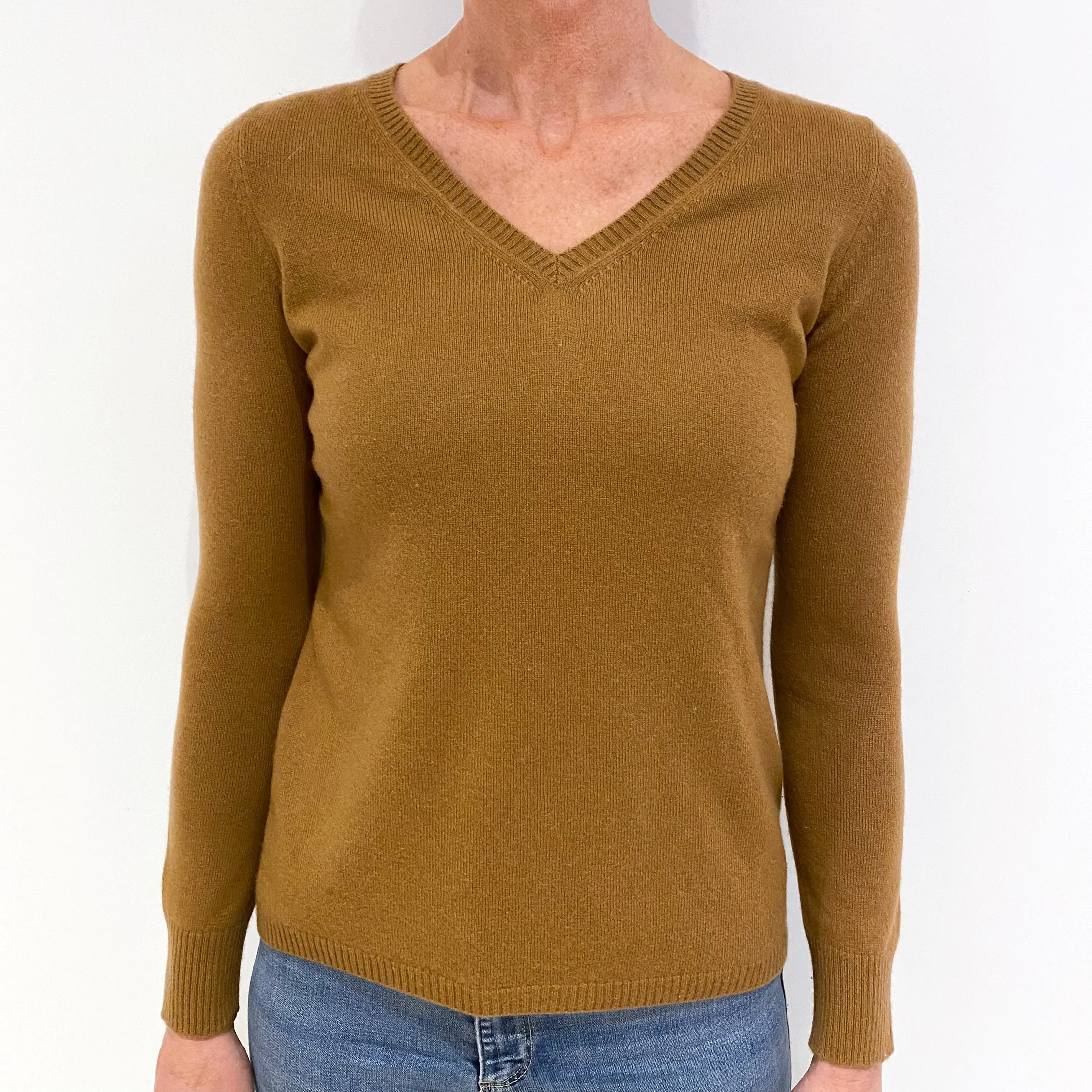 Dark Camel Brown Cashmere V-Neck Jumper Small