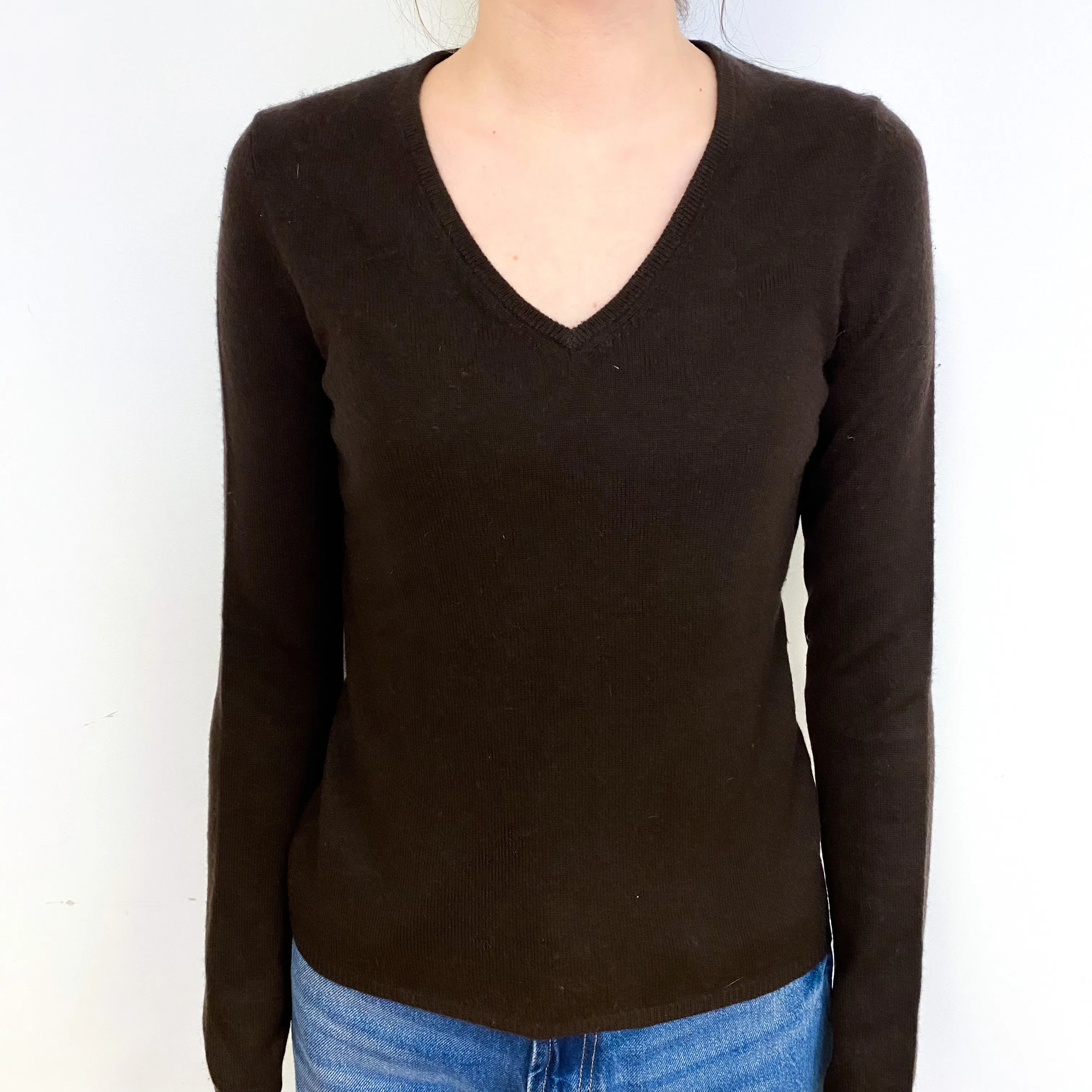 Dark Chocolate Brown Cashmere V-Neck Jumper Extra Small