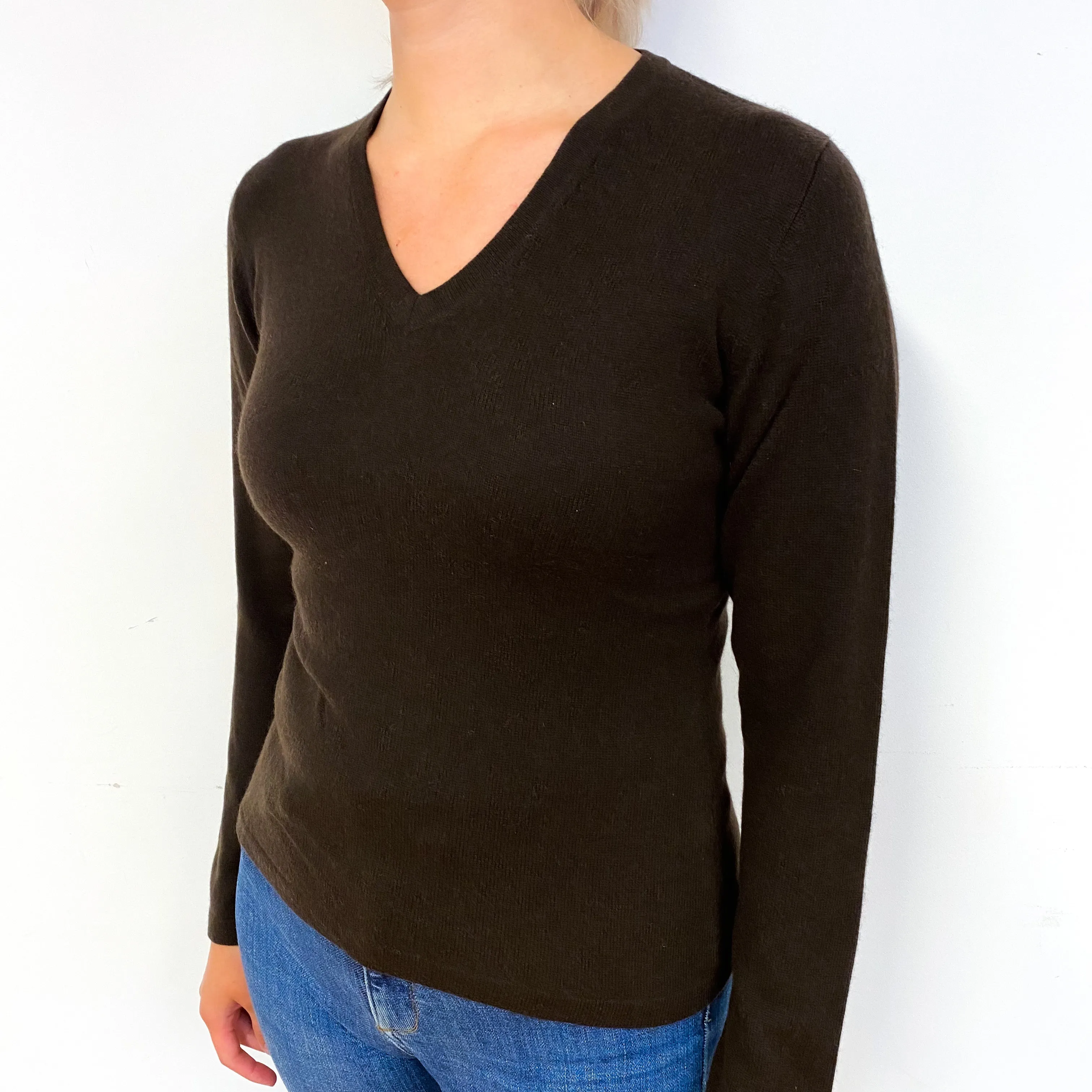 Dark Chocolate Brown Cashmere V-Neck Jumper Small