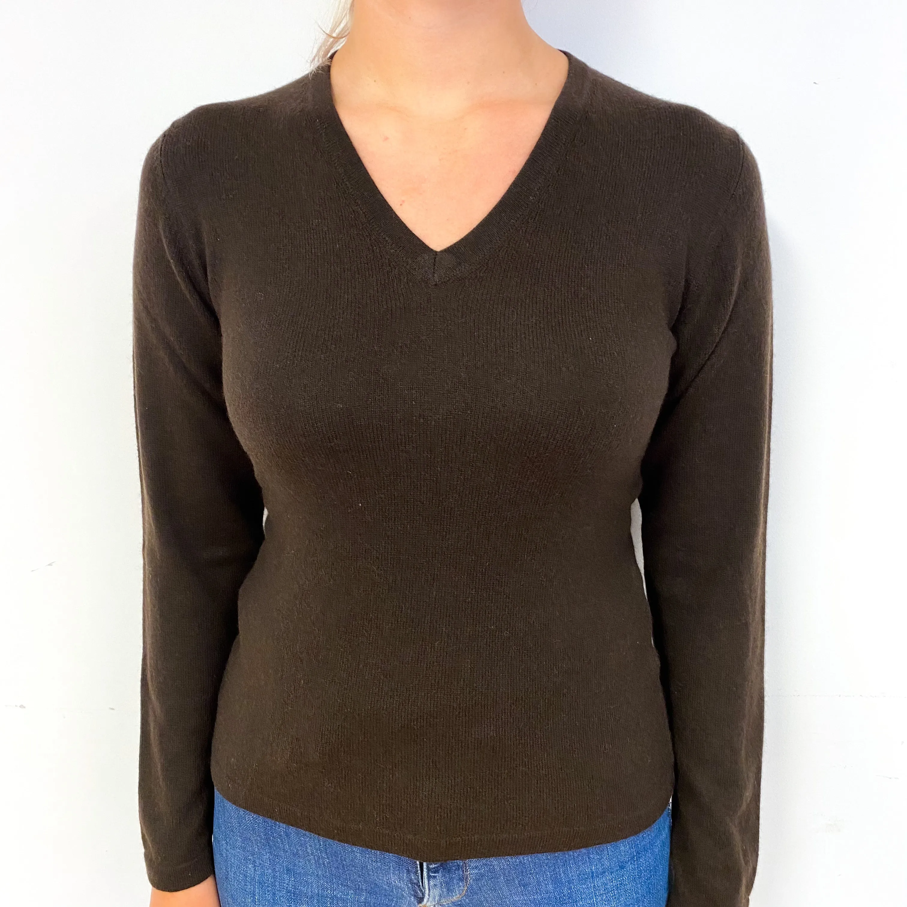 Dark Chocolate Brown Cashmere V-Neck Jumper Small