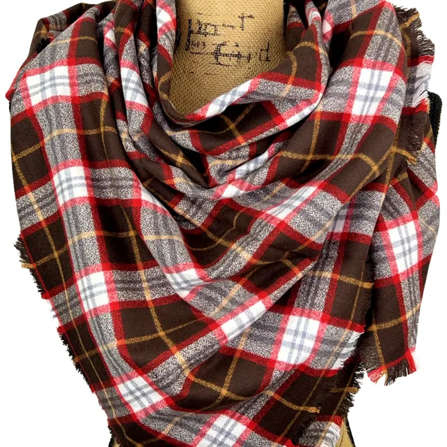 Dark Chocolate, Red and White with Butterscotch Accent Luxe Collection Plaid Infinity and Blanket Scarves