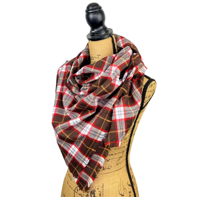 Dark Chocolate, Red and White with Butterscotch Accent Luxe Collection Plaid Infinity and Blanket Scarves