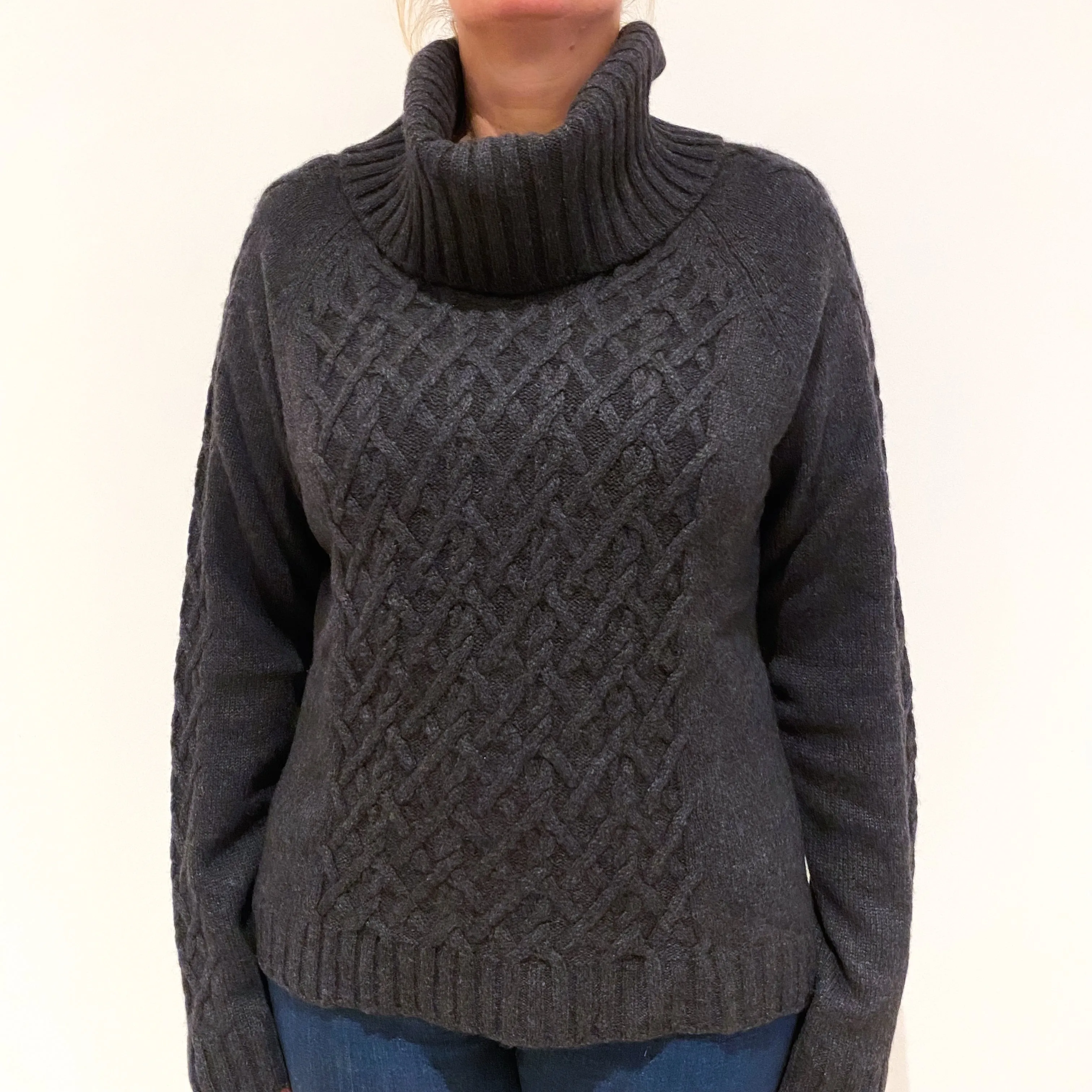 Dark Grey Chunky Cashmere Cowl Neck Jumper Large