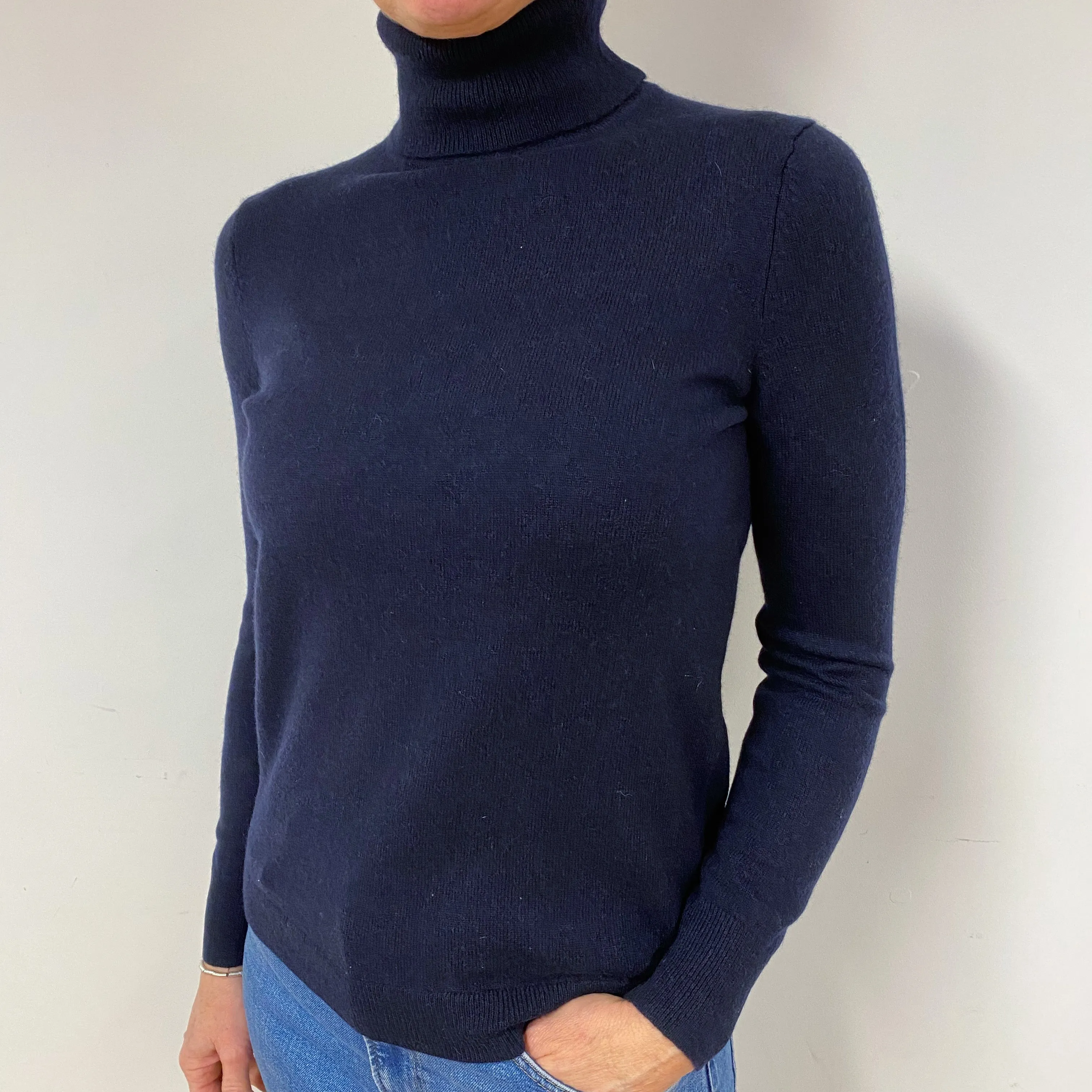 Dark Navy Blue Cashmere Polo Neck Jumper Medium