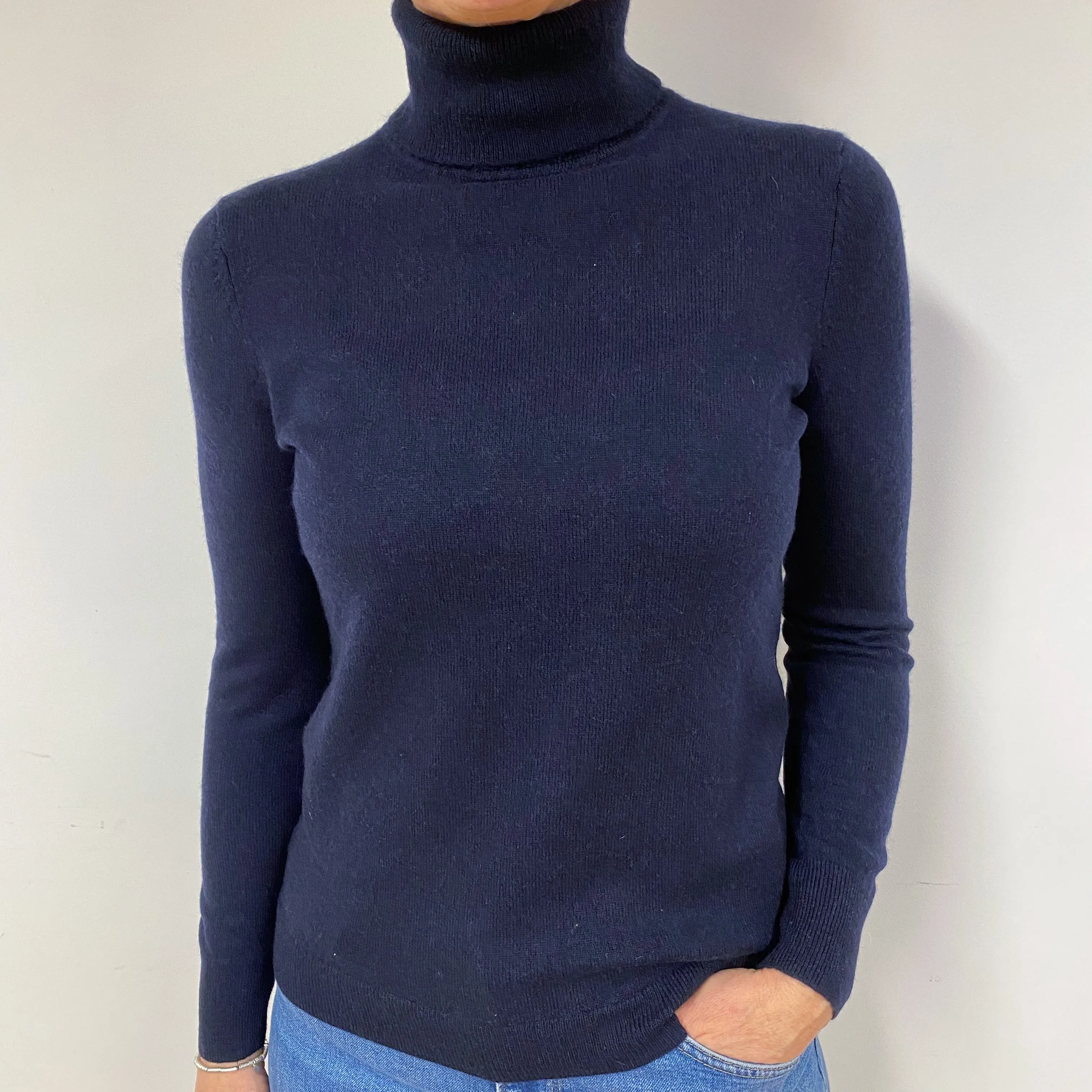 Dark Navy Blue Cashmere Polo Neck Jumper Medium