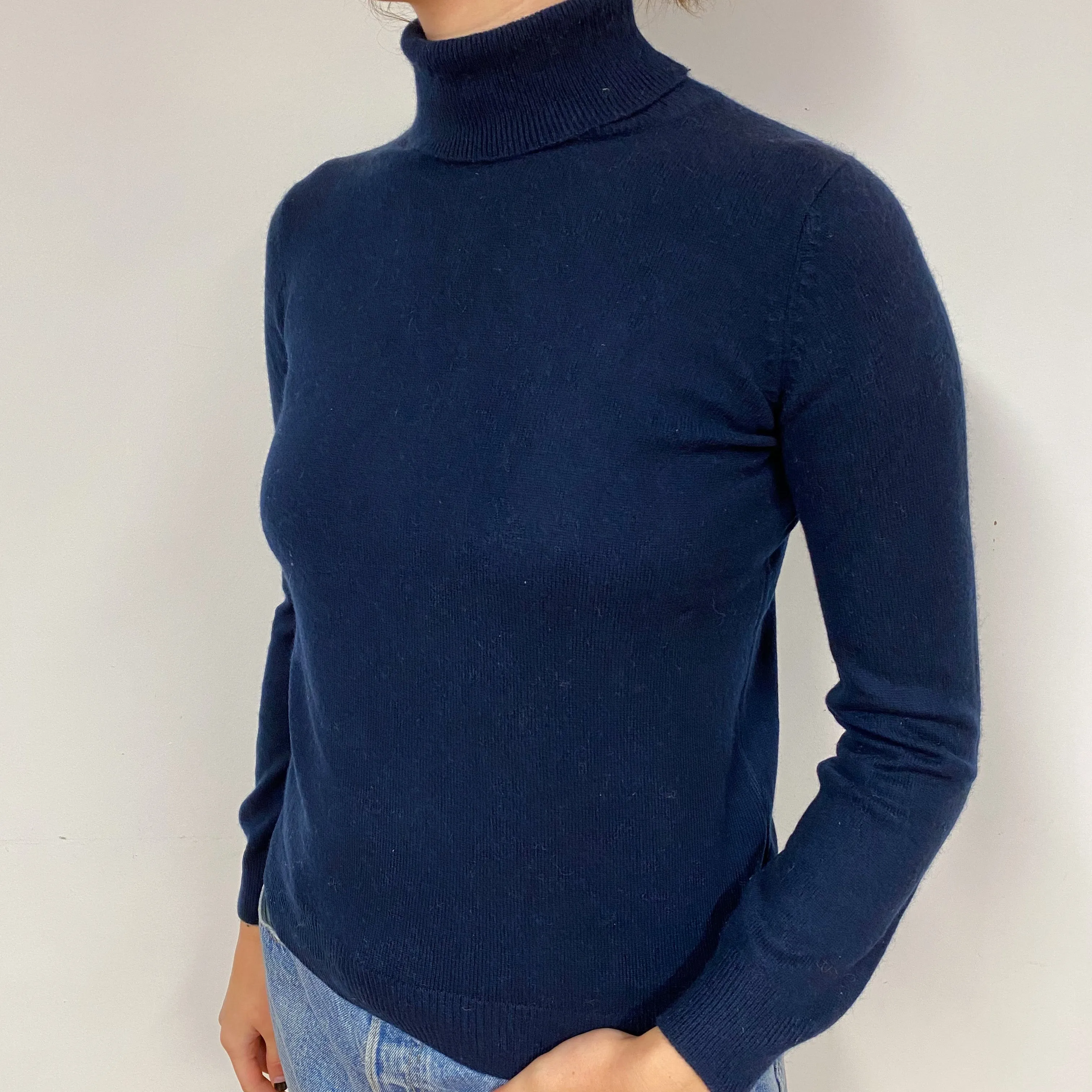 Dark Navy Blue Cashmere Polo Neck Jumper Small