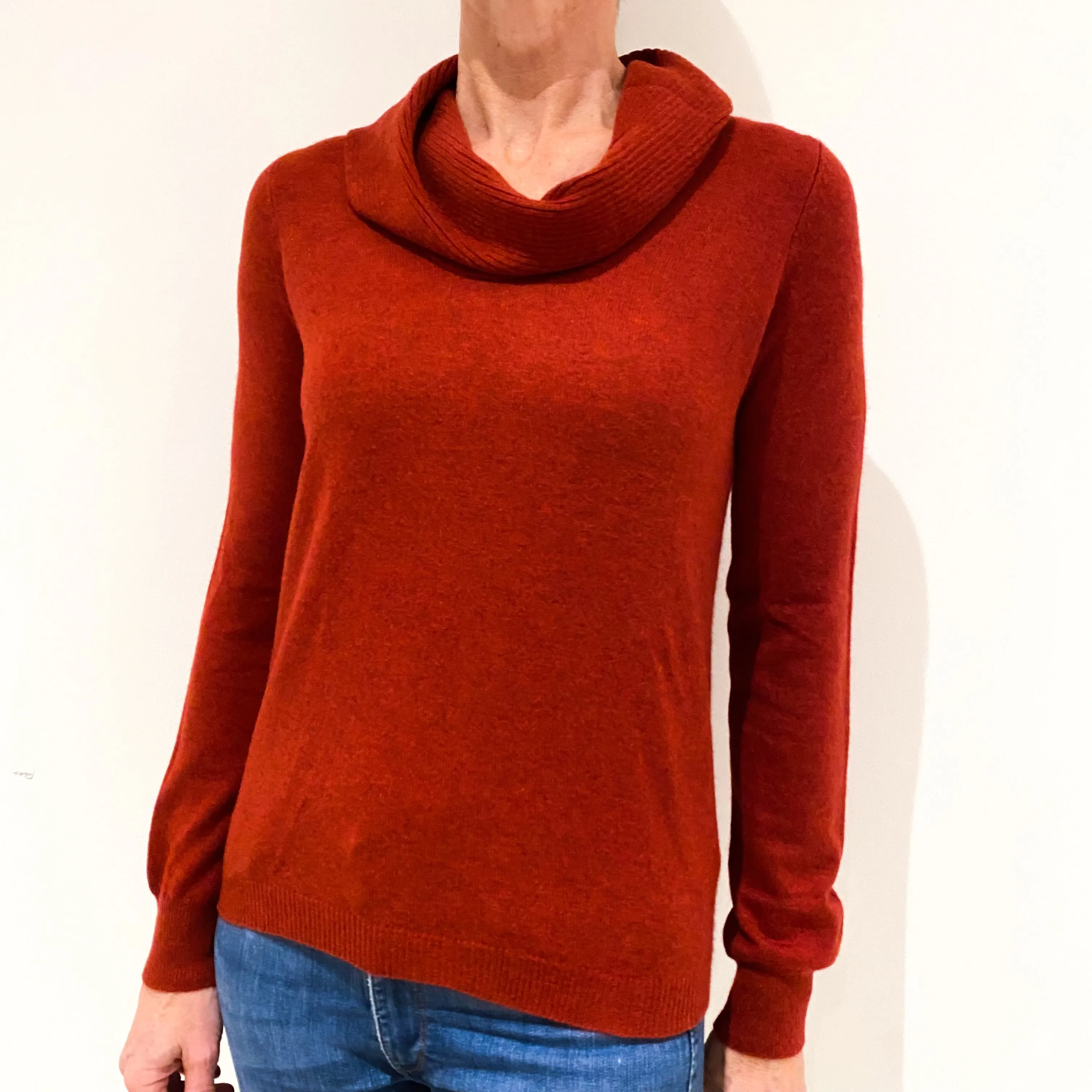 Dark Rust Orange Cashmere Cowl Neck Jumper Small