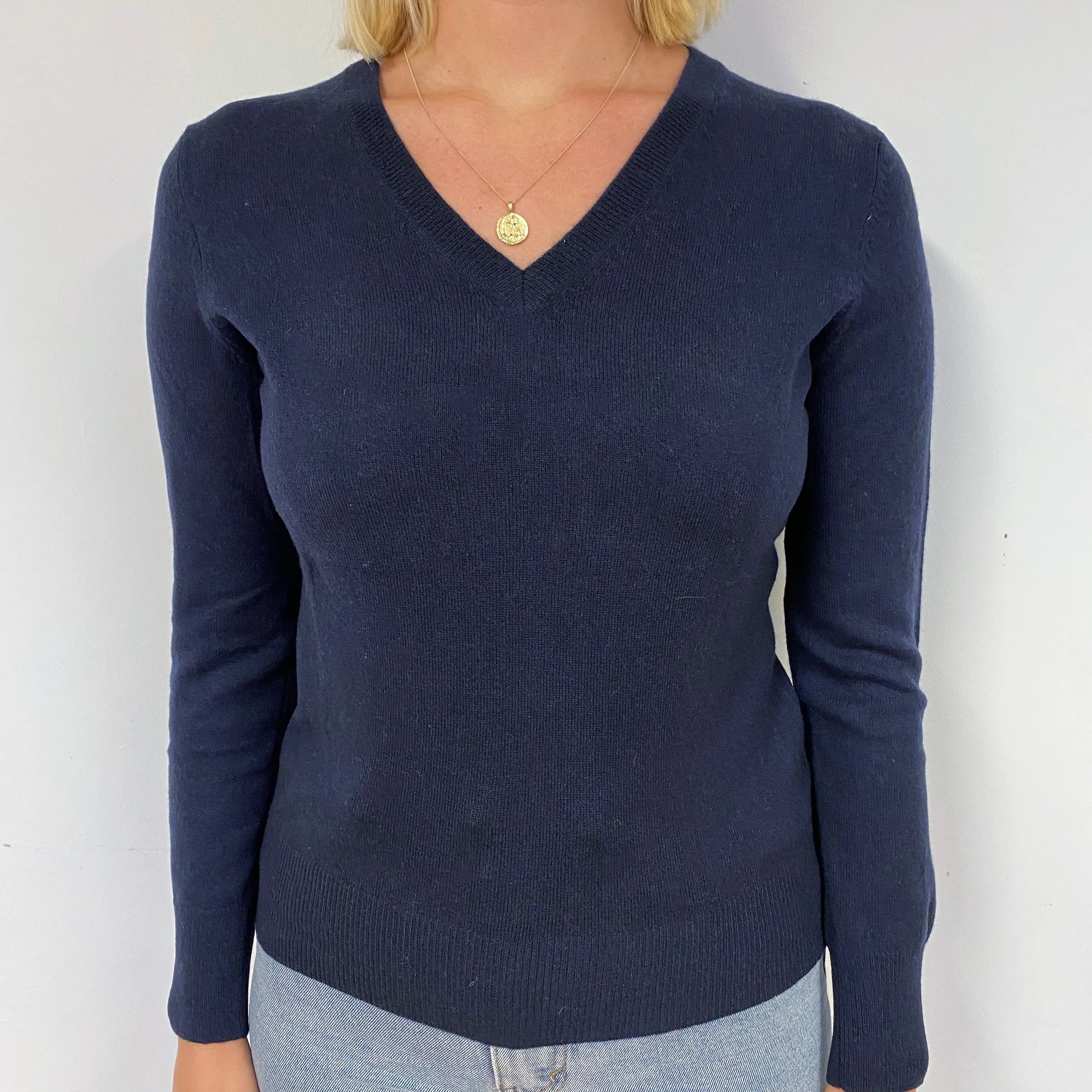 Darkest Navy Blue Cashmere V-Neck Jumper Small