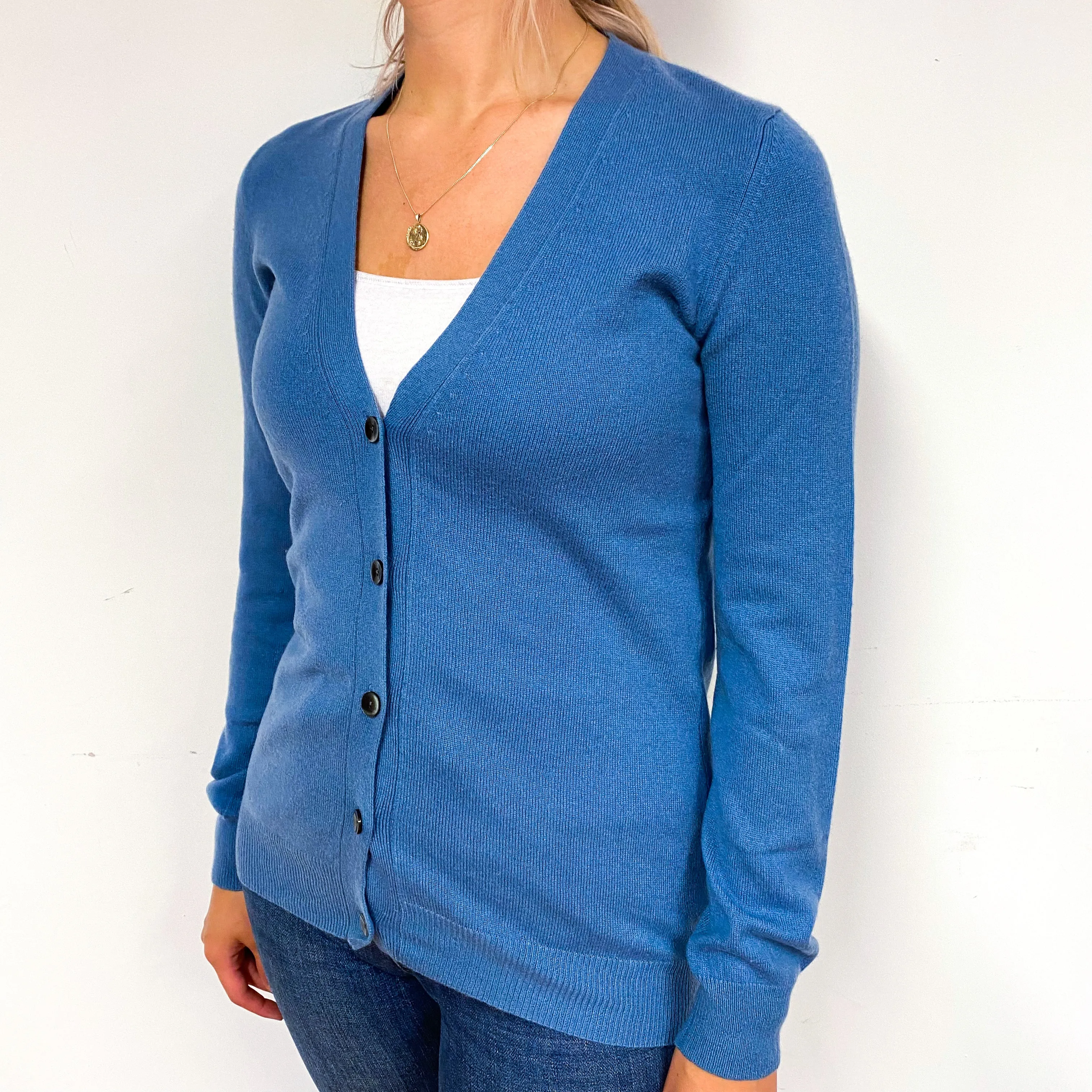 Deep Celadon Blue Cashmere V-Neck Cardigan Small